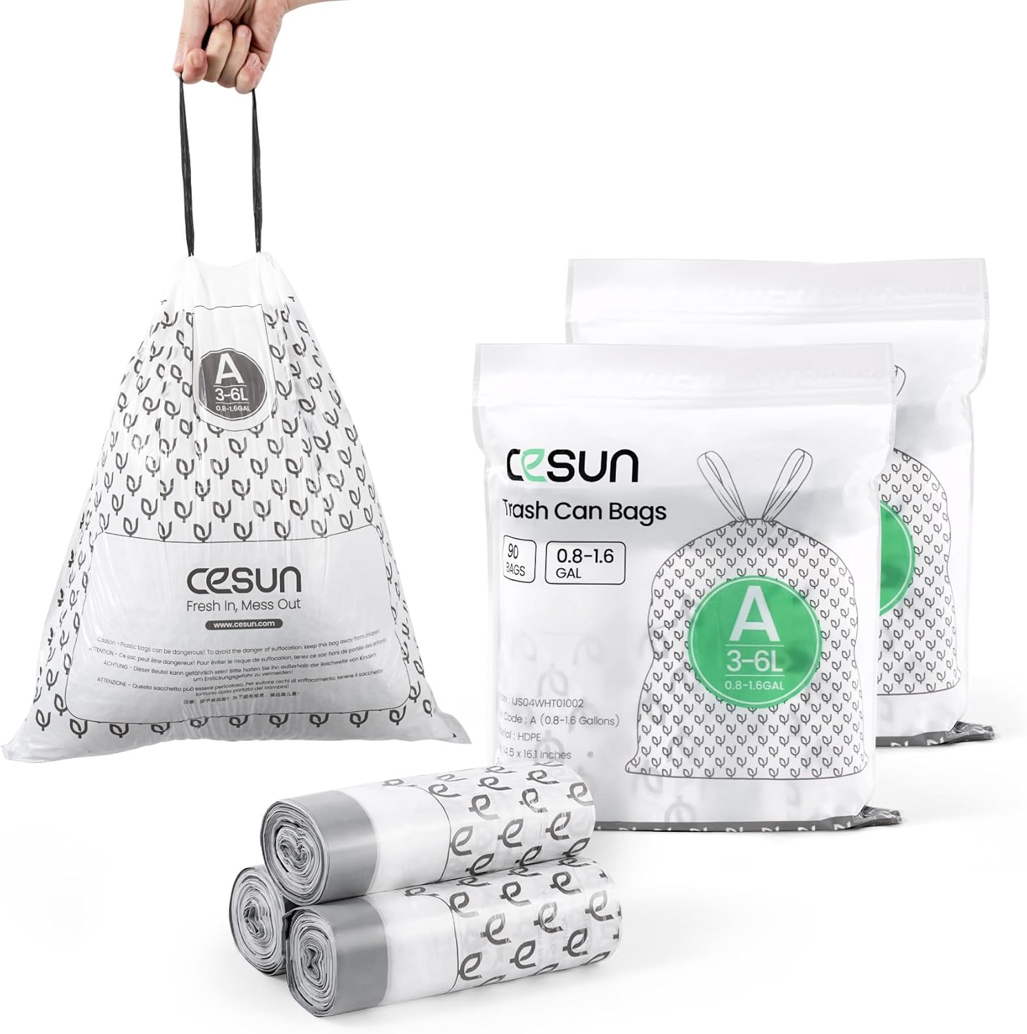 Cesun Code A Drawstring Trash Bags 90 Count, Pre Cut 1.6 Gallon / 6 Liter Small Trash Can Liners, White