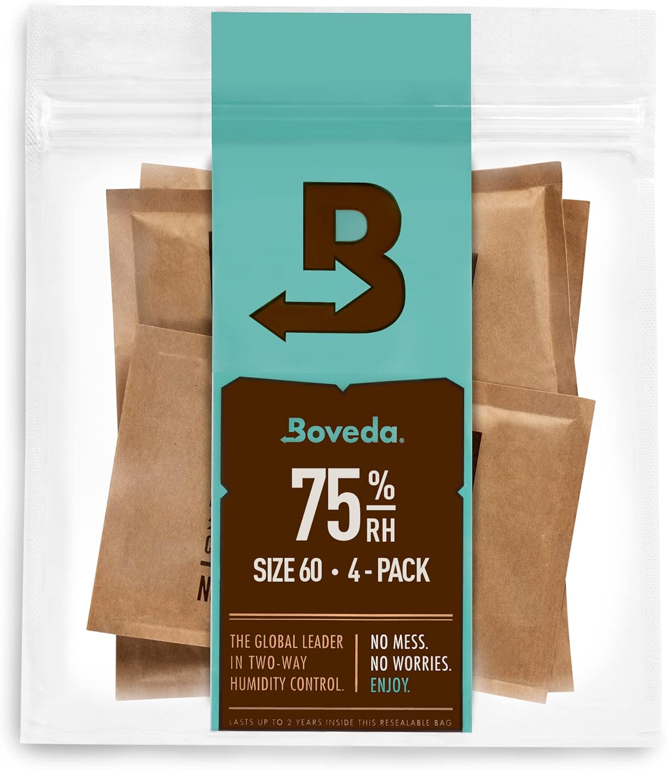 Boveda 75% Two-Way Humidity Control Packs Fix Major Moisture Loss in Non-Plastic Humidifier Boxes – Size 60 – 4 Pack – Moisture Absorbers – Humidifier Packs – Hydration Packets in Resealable Bag