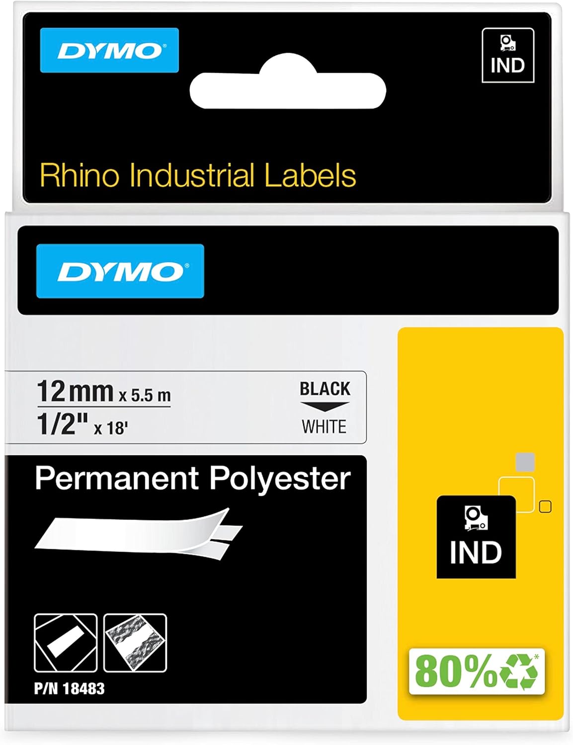 DYMO Rhino Industrial Permanent Polyester Labels, 1/2", Black Print on White Tape