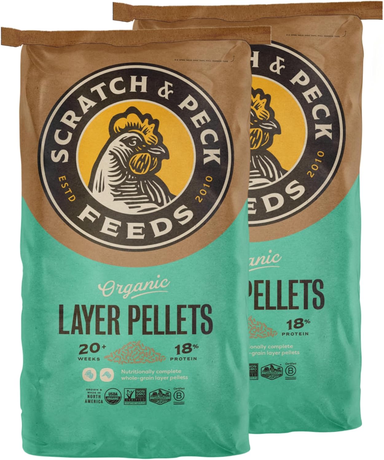 Scratch and Peck Feeds Organic Layer Pellets 18% - 25-lbs (2-Pack) - Premium Chicken and Duck Feed Formulated with Sustainable Grub Protein, Vitamins, and Minerals