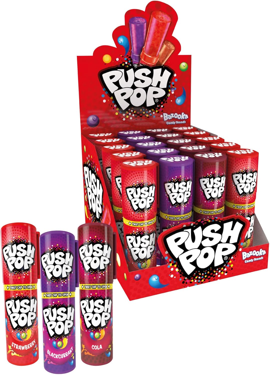 Push Pop Lollipops (Pack of 20 Lollipop Sweets Bulk) Twist Cap and Clip, Tasty Kids Sweets for Party Bags, Strawberry, Blackcurrant & Cola Lollies - Halal Candy