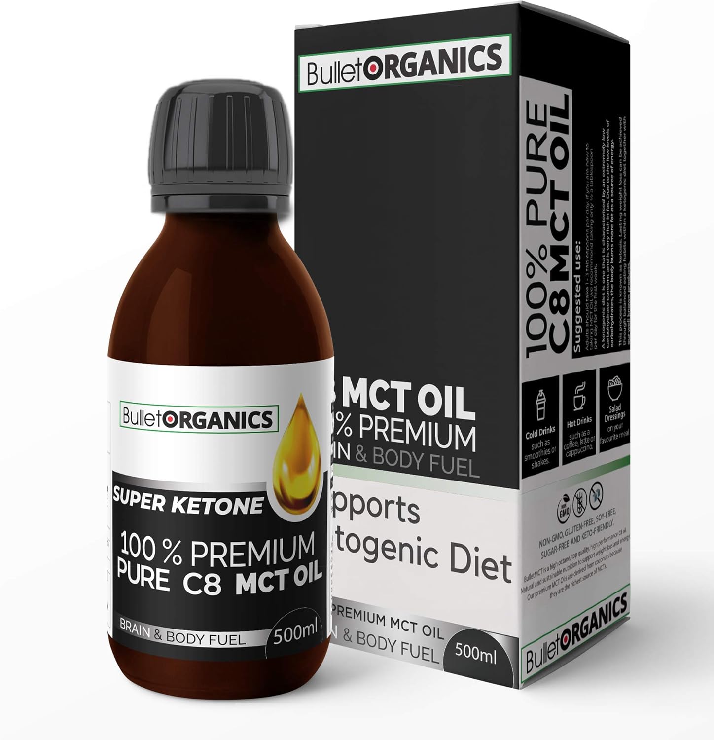 Bullet Organics – BulletMCT | Premium Coconut (no Palm) C8 MCT Oil | Ketone Fuel Boost | Up to 4X More Ketones Than Other MCTs | 100% Pure C8 MCT Oil | Vegan Keto Supplement (500ML)