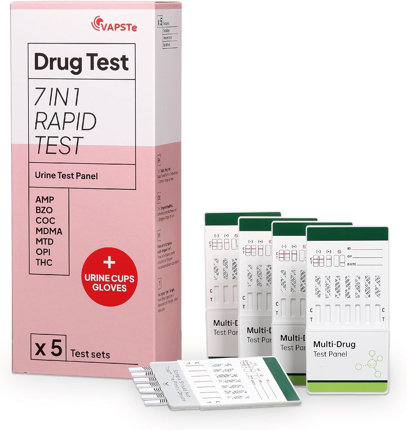 VAPSTe 7-in-1 Urine Rapid Multi Drug Test 5-Pack Set - Professional Quality THC, COC, AMP, OPI, MDMA, MTD, BZO Detection - Dip Cards - Includes All You Need - Rapid Result