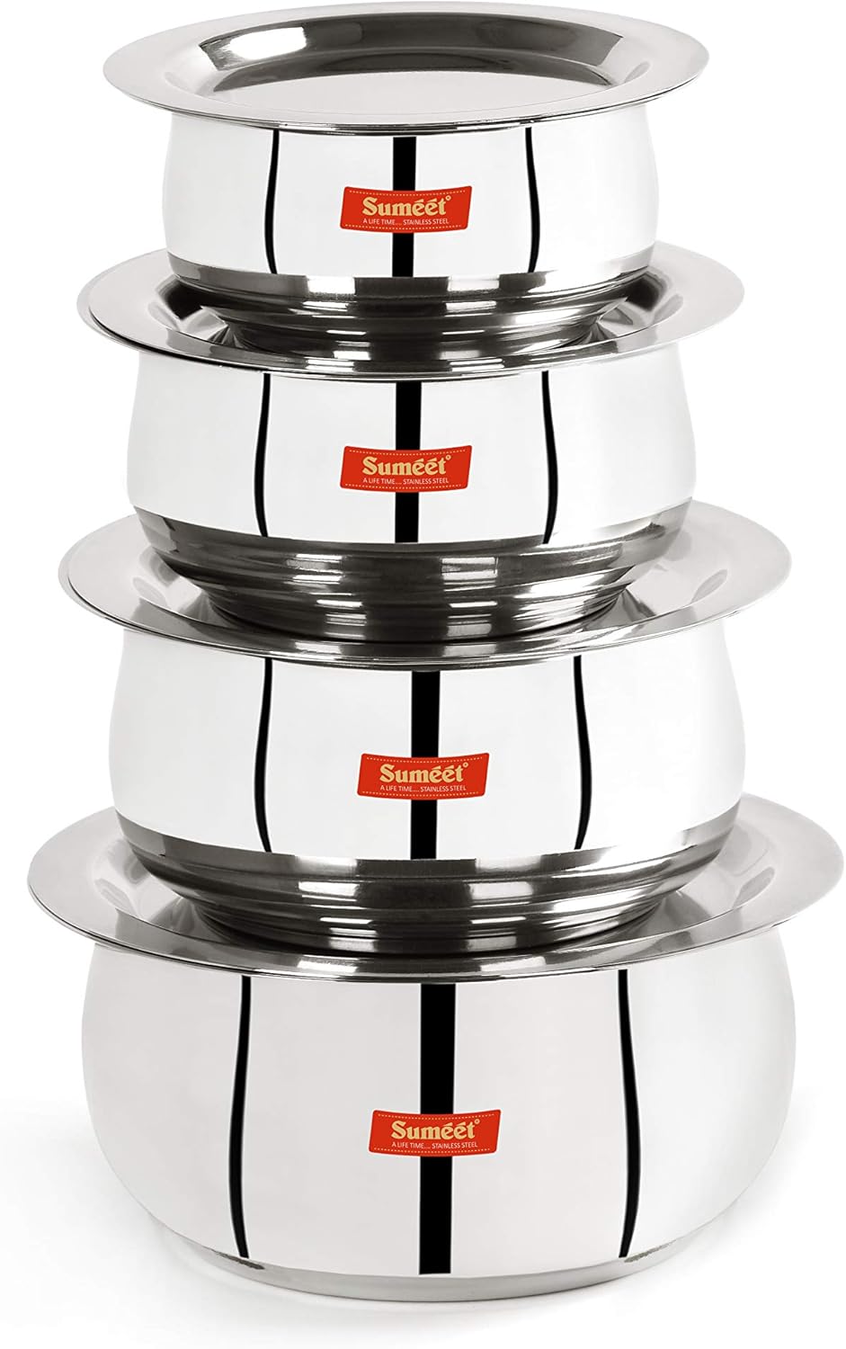 Sumeet Stainless Steel Belly Shape 4 Pc Tope / Cookware/ Pot Set with Lid 380ML, 500ML, 780ML, 1.1Ltr, (Silver)