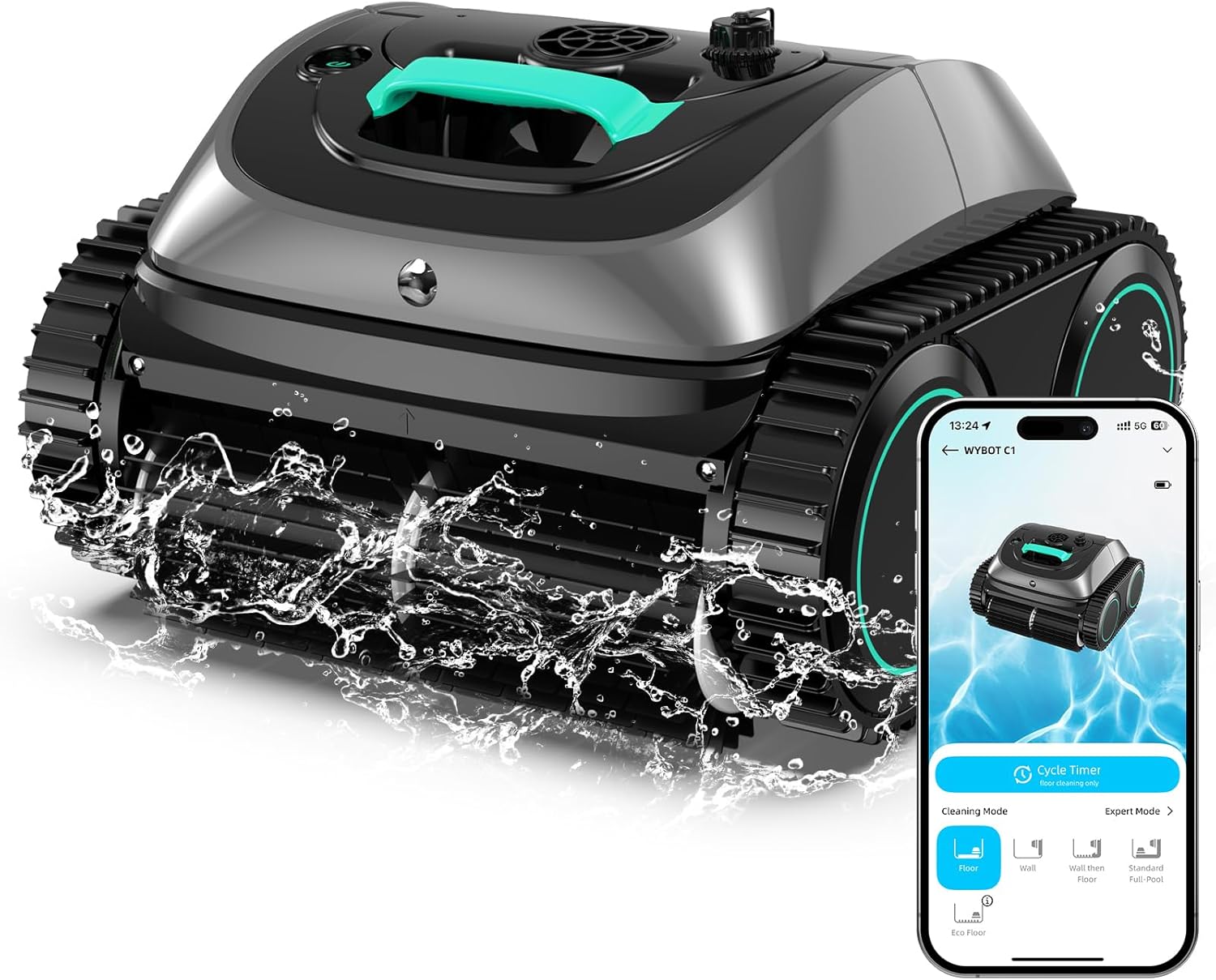 (2025 Upgrade) WYBOT C1 Pool Robot Vacuum for Inground Pools, 4-in-1 Cordless Robotic Pool Cleaner Lasts 150min, Triple-Motor up to 1,614 Sq.ft, Smart APP Support (Deep Grey with Green)