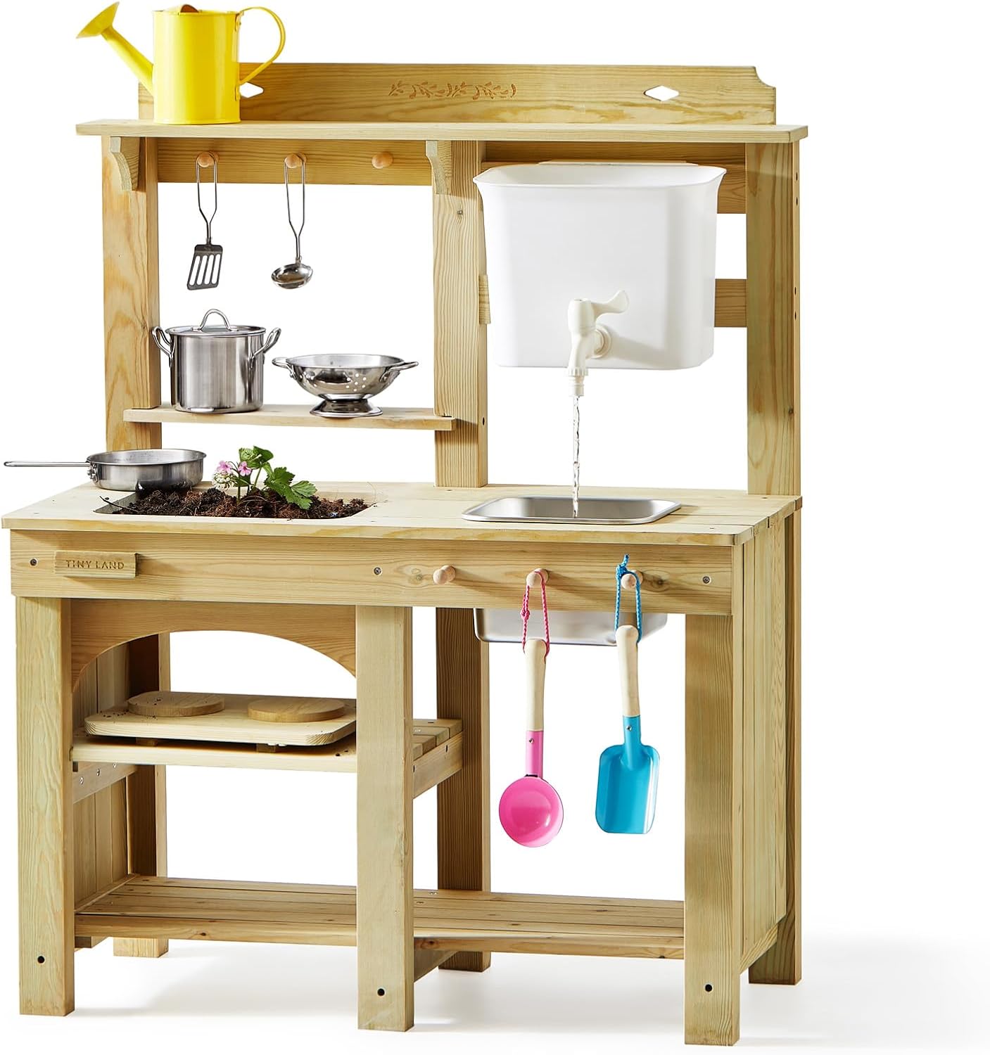 Tiny Land Outdoor Mud Kitchen for Kids, Wooden Play Kitchen with Water Tank, Water Play, Cooking, & Sensory Fun, Durable & Weather-Resistant Design with Storage, Gift for Ages 3+