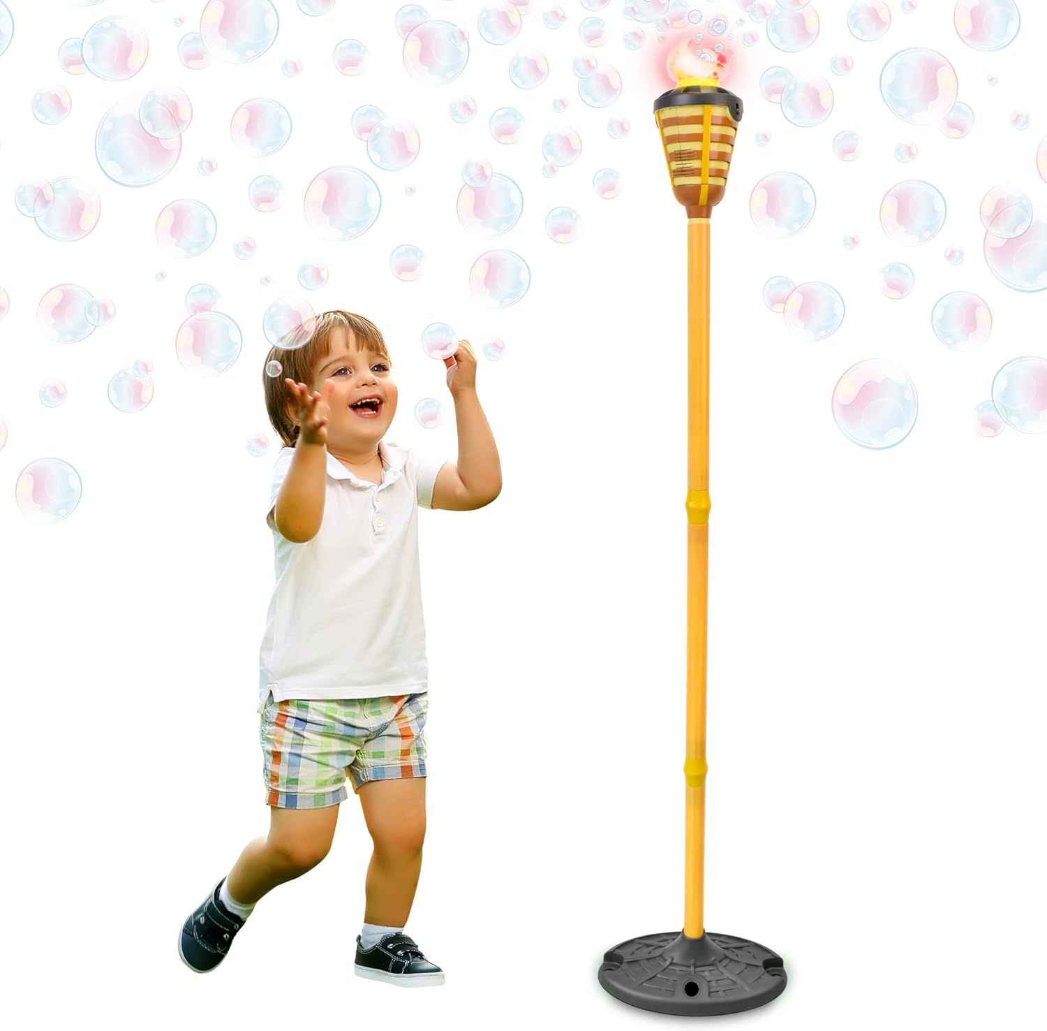 Tiki Torch Bubbler - Bubble Machine with Lights and Music, Bubble Blower and Wand, Rechargable Outdoor Toy for Kids Teens Adults, 4 Feet Tall, Includes 4oz Bubble Solution