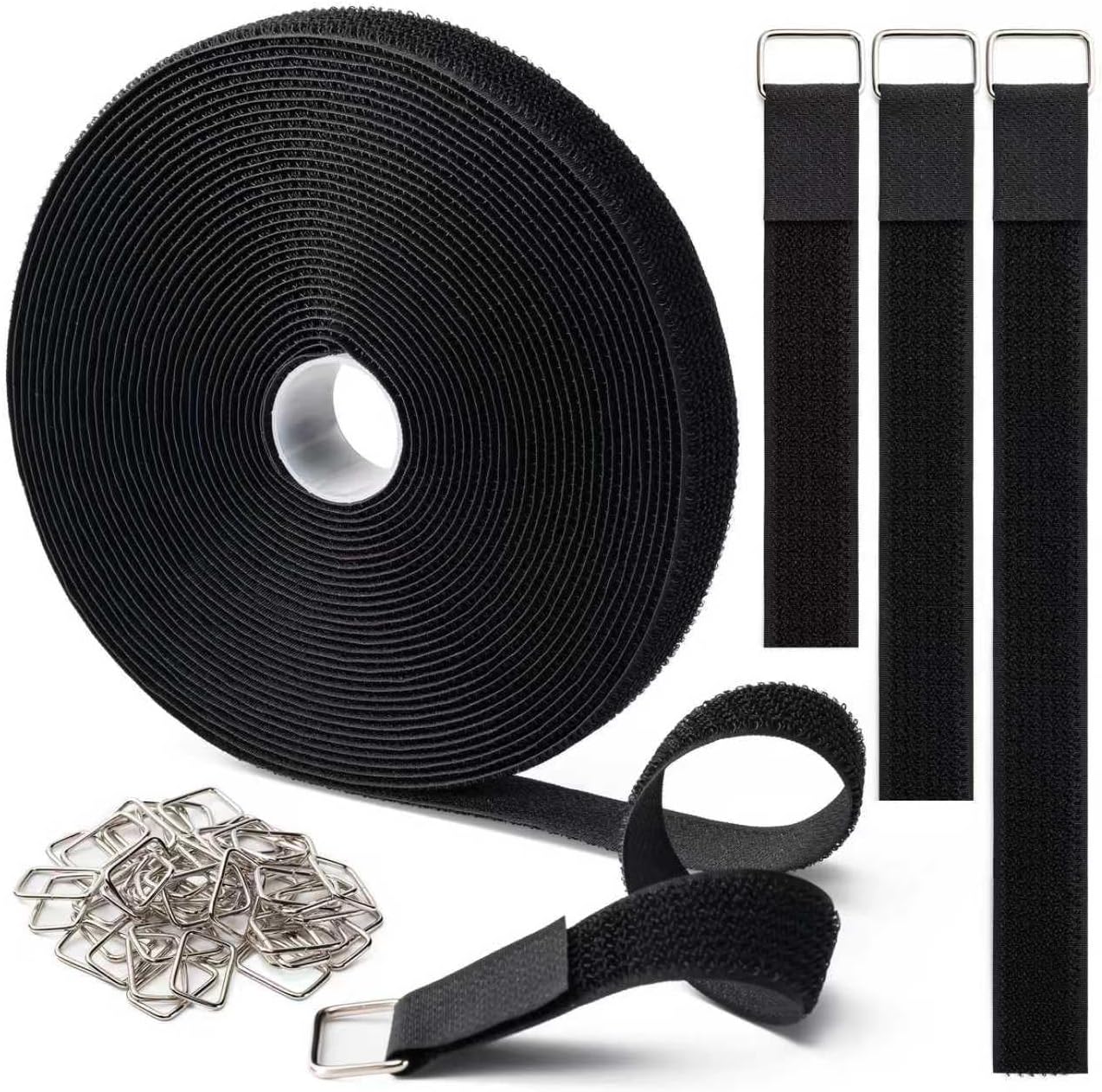 1" x32Ft Hook and Loop Straps Cinch Straps with 50 Metal Buckles, Adjustable Fastening Cable Straps, Free Cut Length, Reusable Nylon Cable Ties for Organizer or Storage, Black