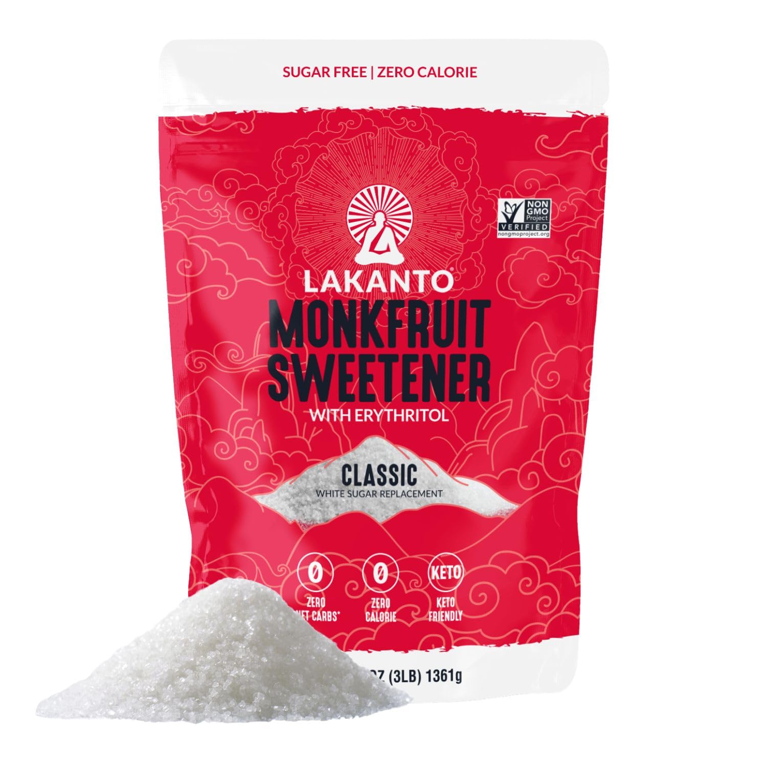 Lakanto Monk Fruit Sweetener With Erythritol, White Sugar Substitute From Monk Fruit Extract, Classic White Sugar Replacement for Baking, Coffee & Tea, Gluten Free, Low Carb, Non GMO, Keto, 3 LB Bag