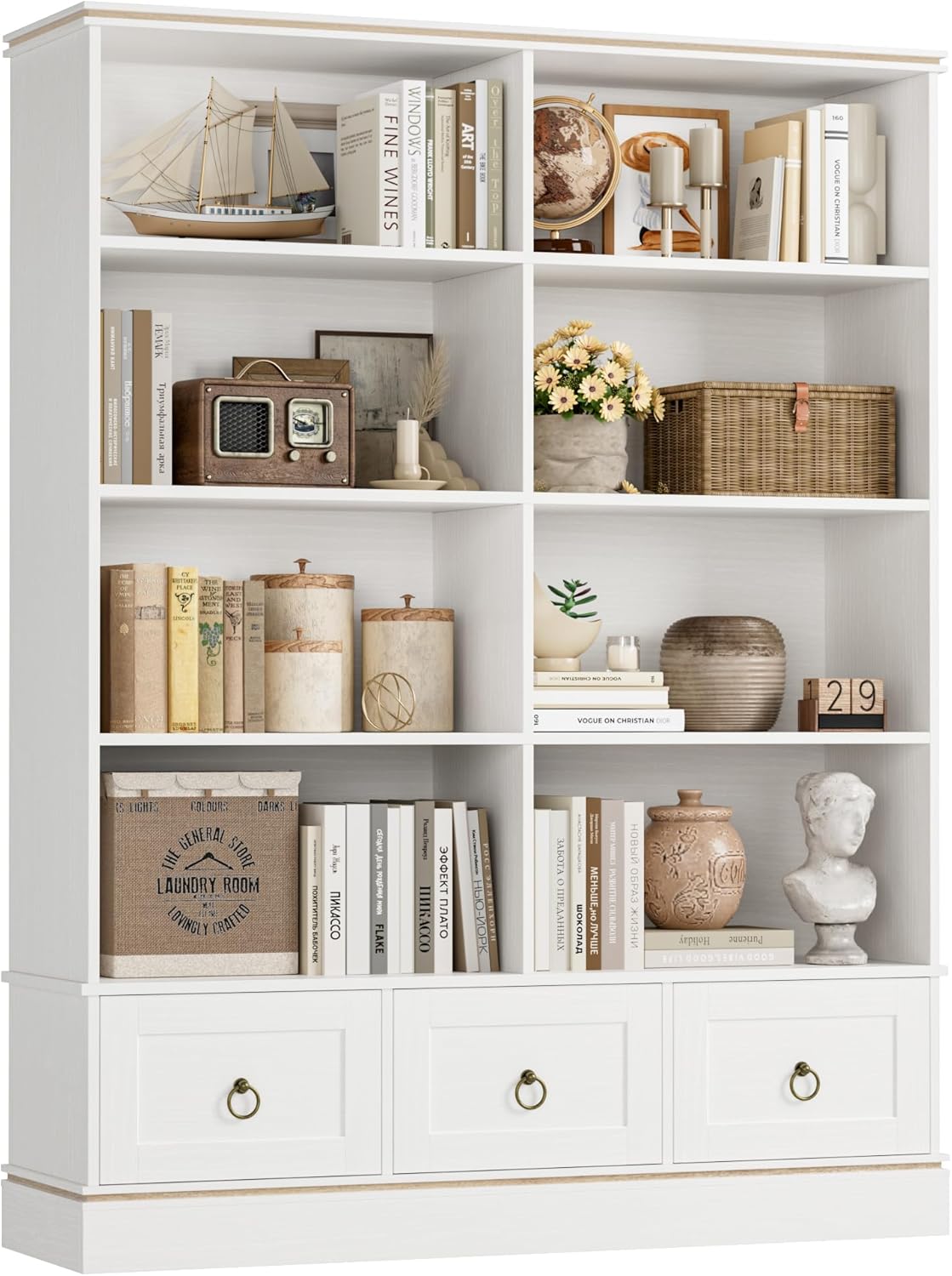 HOSTACK Farmhouse Bookshelf and Bookcase, 47" Wide Bookcase with Drawers, 5 Tier Book Shelves with Storage, Large Display Shelves, 63" Tall Wood Standing Shelving Unit for Home Office, Study, White