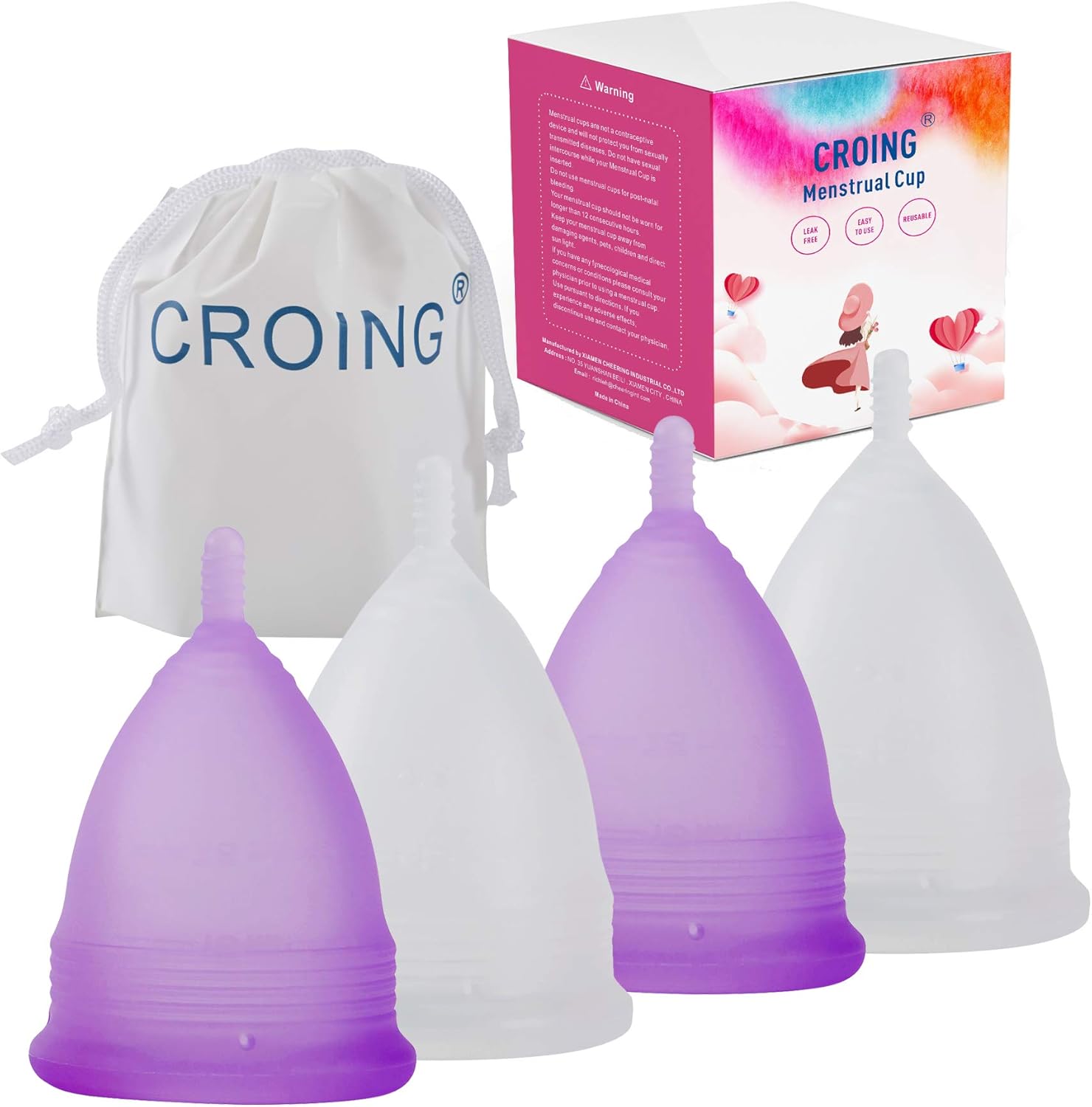 CROING 𝙈𝙚𝙣𝙨𝙩𝙧𝙪𝙖𝙡 𝘾𝙪𝙥 Reusable Menstrual Cups Set of 4, Period Cup, 2 pcs Small and 2 pcs Large (Purple and White)