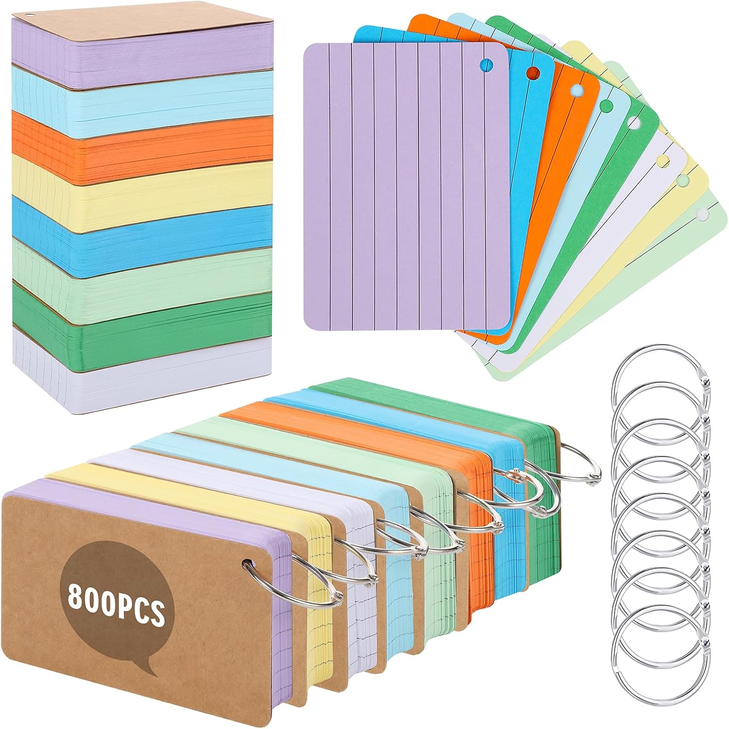 800 Pcs Flash Card, A7 Revision Cards 180 GSM Thickened Index Cards Coloured Flashcards with 10 Metal Binder Rings, Ruled Cue Card for School Office Home Study Revision Supplies