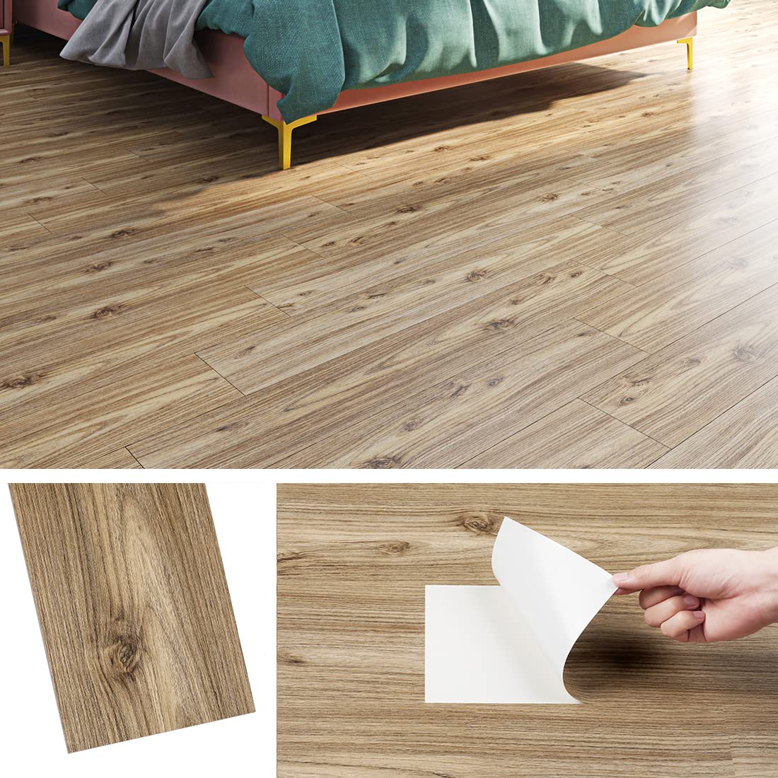 Livelynine Floor Tiles Self Adhesive Vinyl Flooring 90x15cm Self Adhesive Floor Planks Oak Natural Wood Look Waterproof Peel and Stick Flooring Tiles Wood for Hallway, Kitchen, Bathroom, 4 PCS