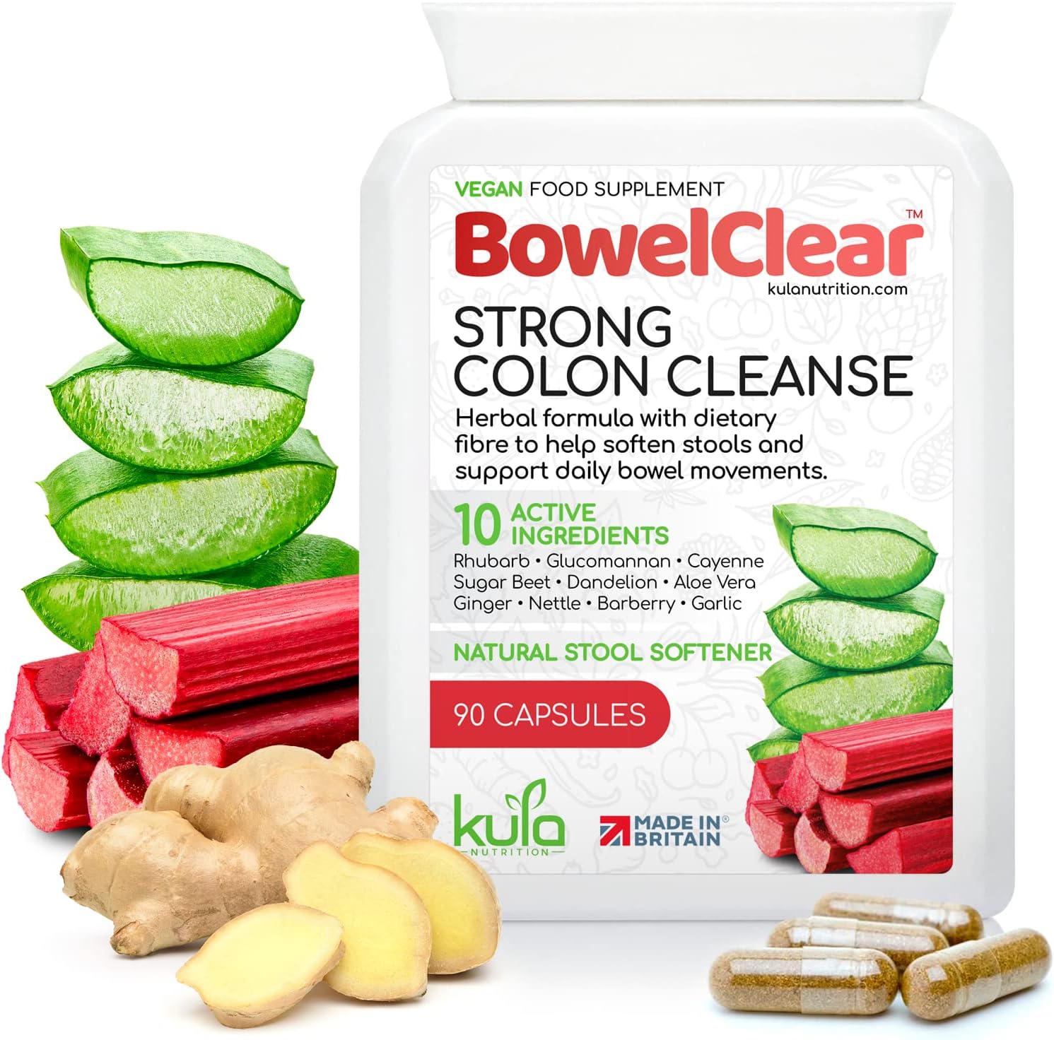 BowelClear Strong Colon Cleanse Detox - Natural Laxatives for Constipation Relief Tablets - Herbal Bowel Cleanse and Stool Softener with Aloe Vera + Fibre for Daily Bowel Support - 90 Vegan Capsules
