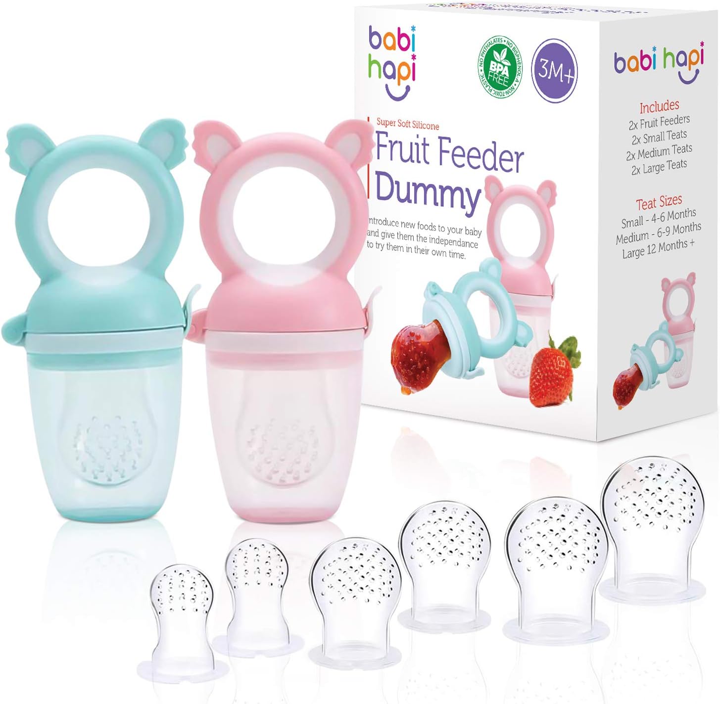Babi Hapi® Fruit Feeder Dummy – 2Pcs with 6 Teats – Non-BPA Super Soft Silicone Teethers for Babies – Small, Medium and Large Baby Pacifier Feeder – Easy to Clean