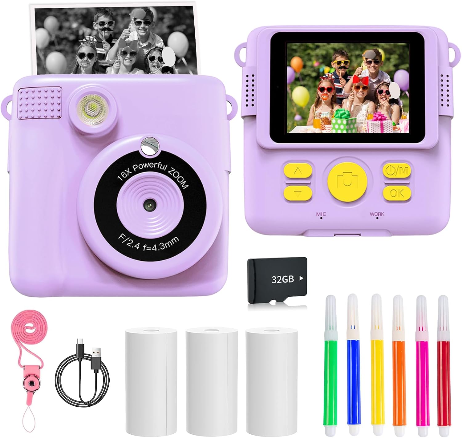 Purple Kids Instant Print Camera Toy, 1080P HD Digital Camera with Photo Paper, 6 Colour Pens, 32GB SD Card - Birthday Gifts for Girls & Boys Aged 3 to 12+