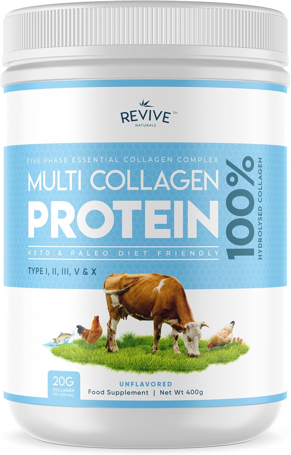 Multi Collagen Protein Powder 400g - Types I, II, III, V & X - Hydrolyzed Grass Fed Bovine, Wild Caught Fish, & Free-Range Chicken & Eggshell Collagen (1 Month Supply) by Revive Naturals