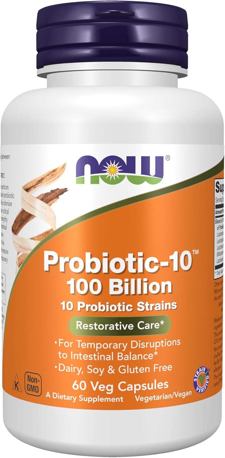 NOW Foods Supplements, Probiotic-10™, 100 Billion, with 10 Probiotic Strains,Dairy, Soy and Gluten Free, Strain Verified, 60 Veg Capsules