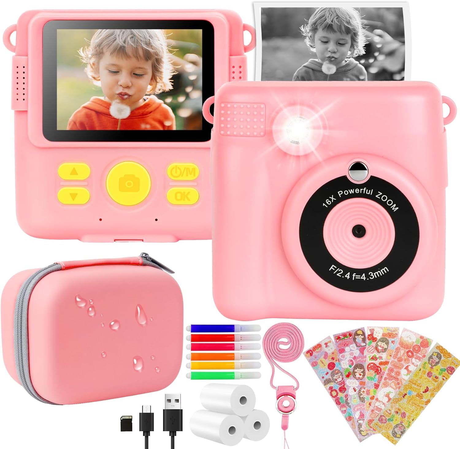 NICEWIN Kids Camera Instant Print for Girls Boys - Digital Camera with Print Photo Paper for Kids with Storage Case 1080P HD, Birthday Gifts Toy for 3-12 Year Old 6 Colour Pens 32GB SD Card (Pink)