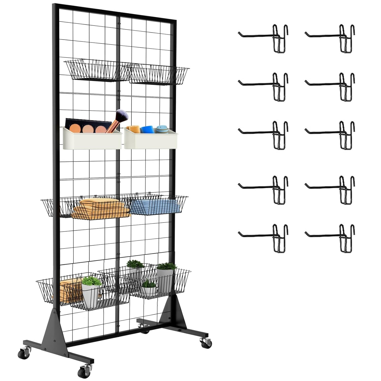 Gridwall Panel Display Stand 2' x 5.5' Ft Heavy Movable Floorstanding Detachable Girdwall for Easy Transport, Standing Grid Towe Display Rack for Retail and Craft FairGrid Wall Panels