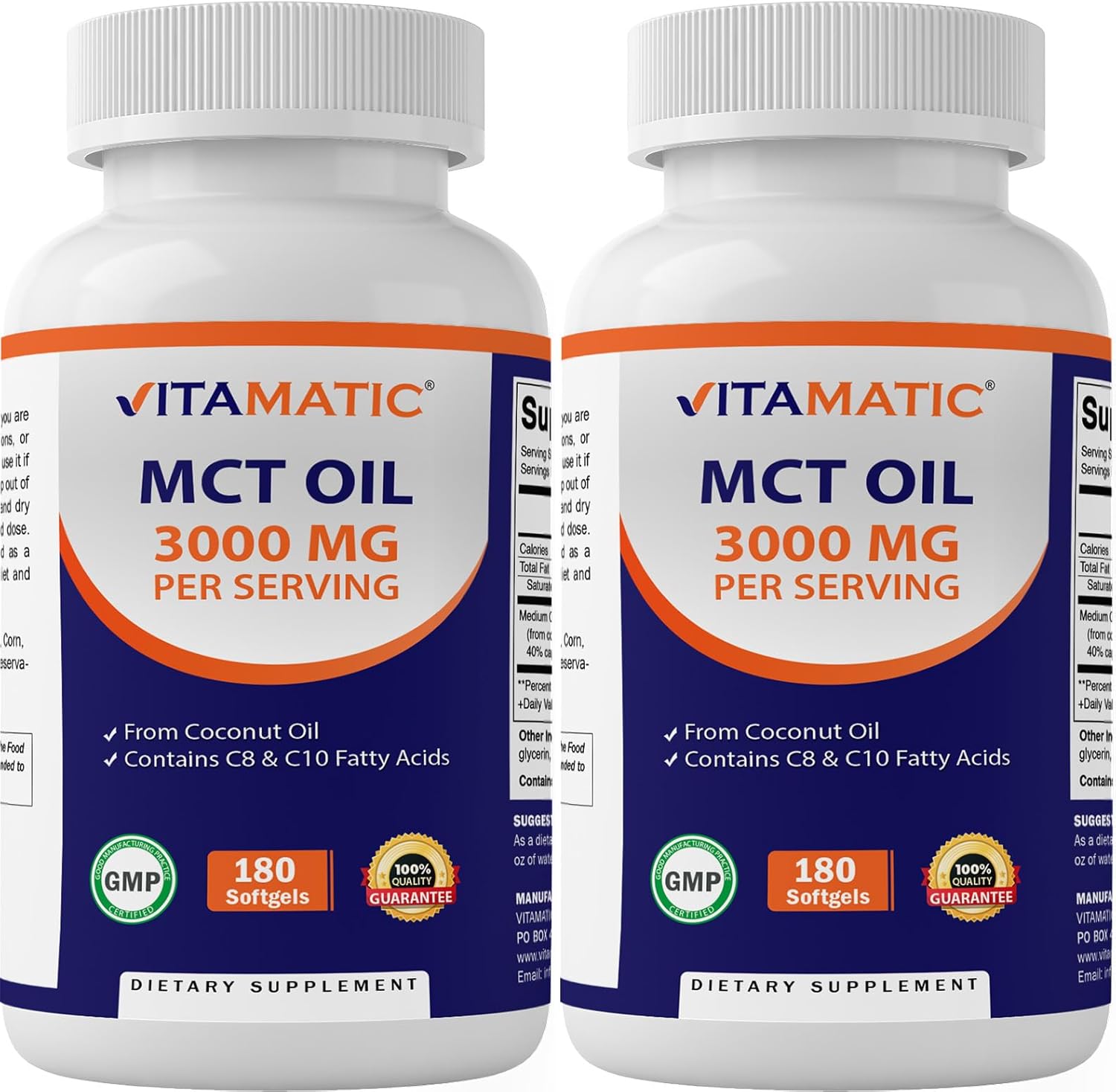 Vitamatic 2 Packs MCT Oil Capsules 3000 mg per Serving - 180 Softgels - from Coconut Oil - Contains 55% caprylic Acid C8 and 40% capric Acid C10 (Total 360 Softgel)