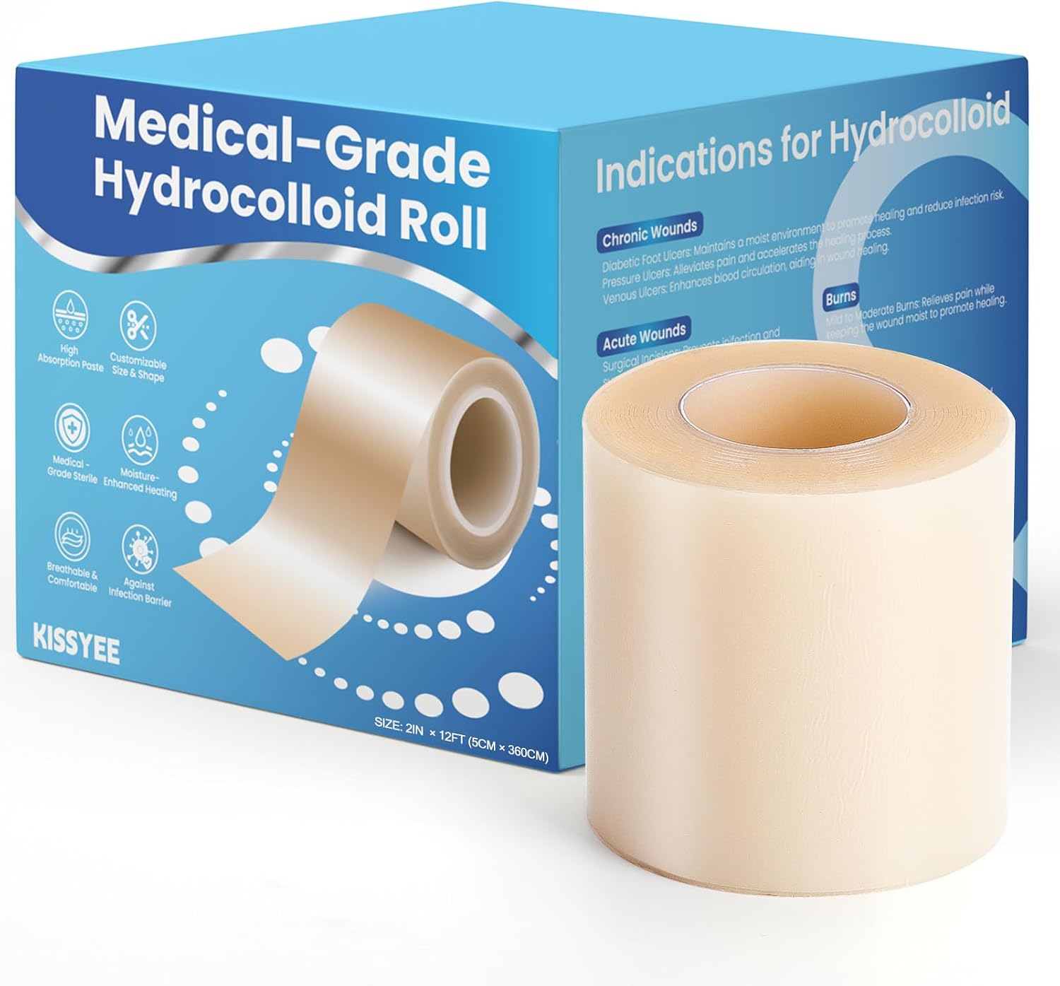 Hydrocolloid Roll Bandages, 2IN x 12FT Extra Large Hydrocolloid Patch with Self-Adhesive, Ultra Absorbent, Cut-to-Size, Flexible & Waterproof for Burn, Blister, Acne Care, First Aid Kit Essential