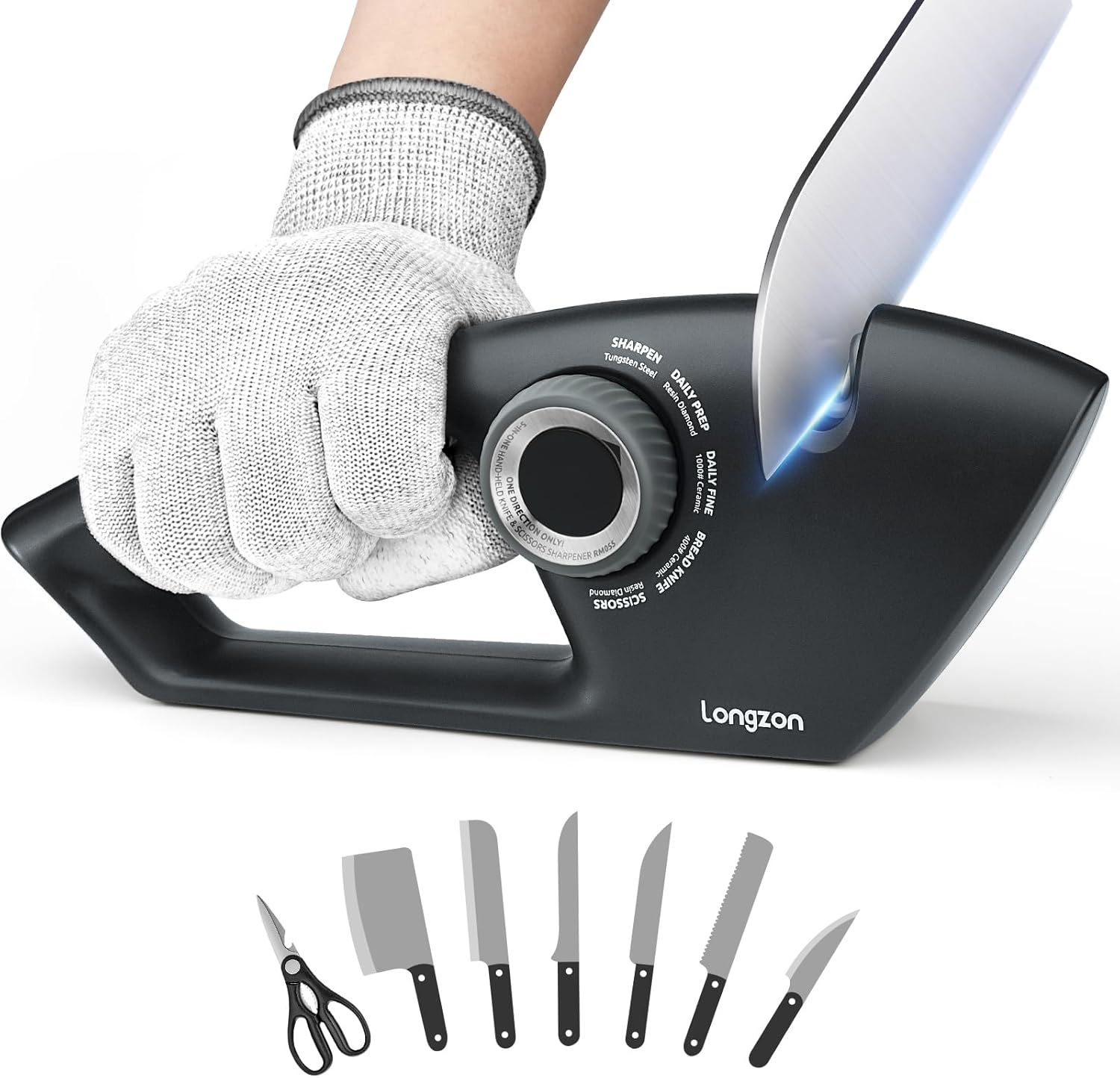longzon Knife Sharpener 5-in-1 Manual Sharpening Tool with Cut-Resistant Glove, for Kitchen Knives, Serrated Knives, Scissors, and Pocket Knives – Safe and Easy to Use