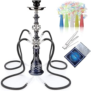 Hookah Set With Everything 4 Hose - GRENAOH 22" Premium Hookah Shisha set with Glass Vase, Ceramic Bowl and Coal Tongs Ashtray (4-black)