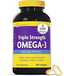 InnovixLabs Triple Strength Omega 3 Fish Oil Supplement, 900 mg, Pure EPA DHA Omega 3 Supplement Brain and Joints, Burpless Omega-3 for Women and Men with Enteric Coating, 200 Capsules