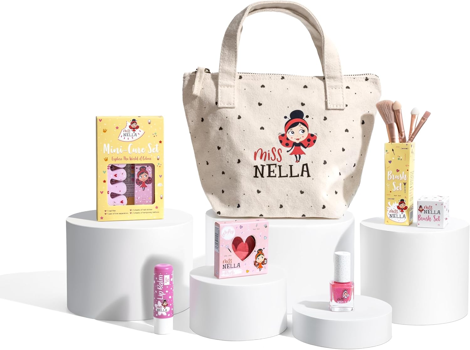 Miss Nella Makeup set for kids, makeup & nail polish set for little girls, Hypoallergenic, Dermatologically tested, Non toxic, in Canvas cosmetic bag, safe and fun (Girly Girl, 6, count)
