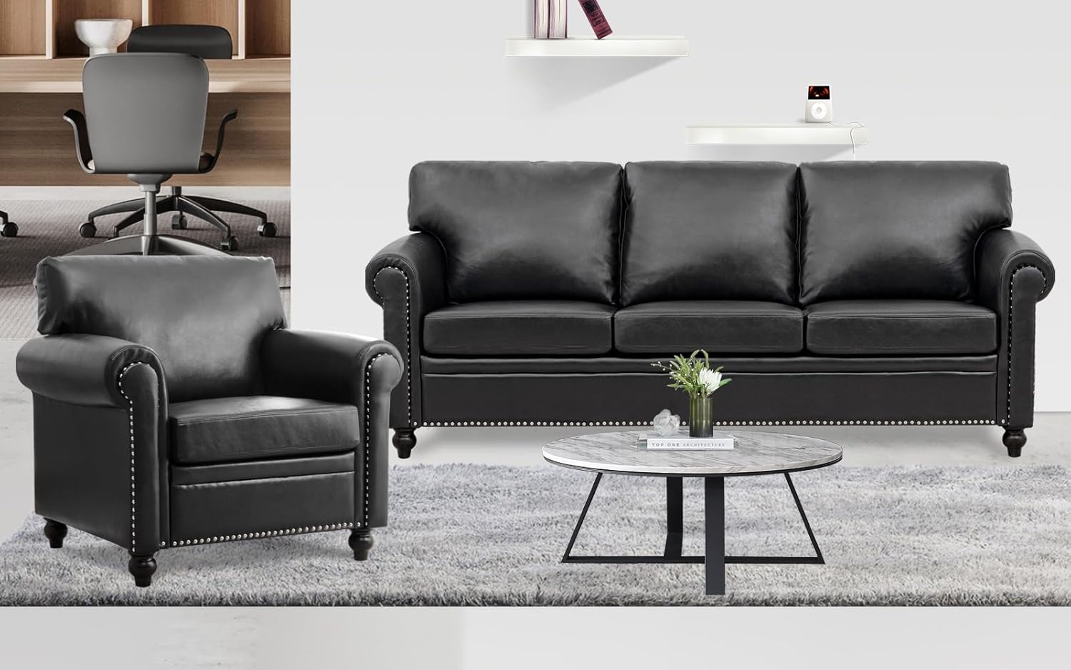 Black Faux Leather 3 Seater Couches and Sofa Chair Set with Rivet Rolled Arm, Modern Mid Century Sofas for Living Room Apartment Office Easy Assembly (Black PU, One Sofa+0ne Chair)