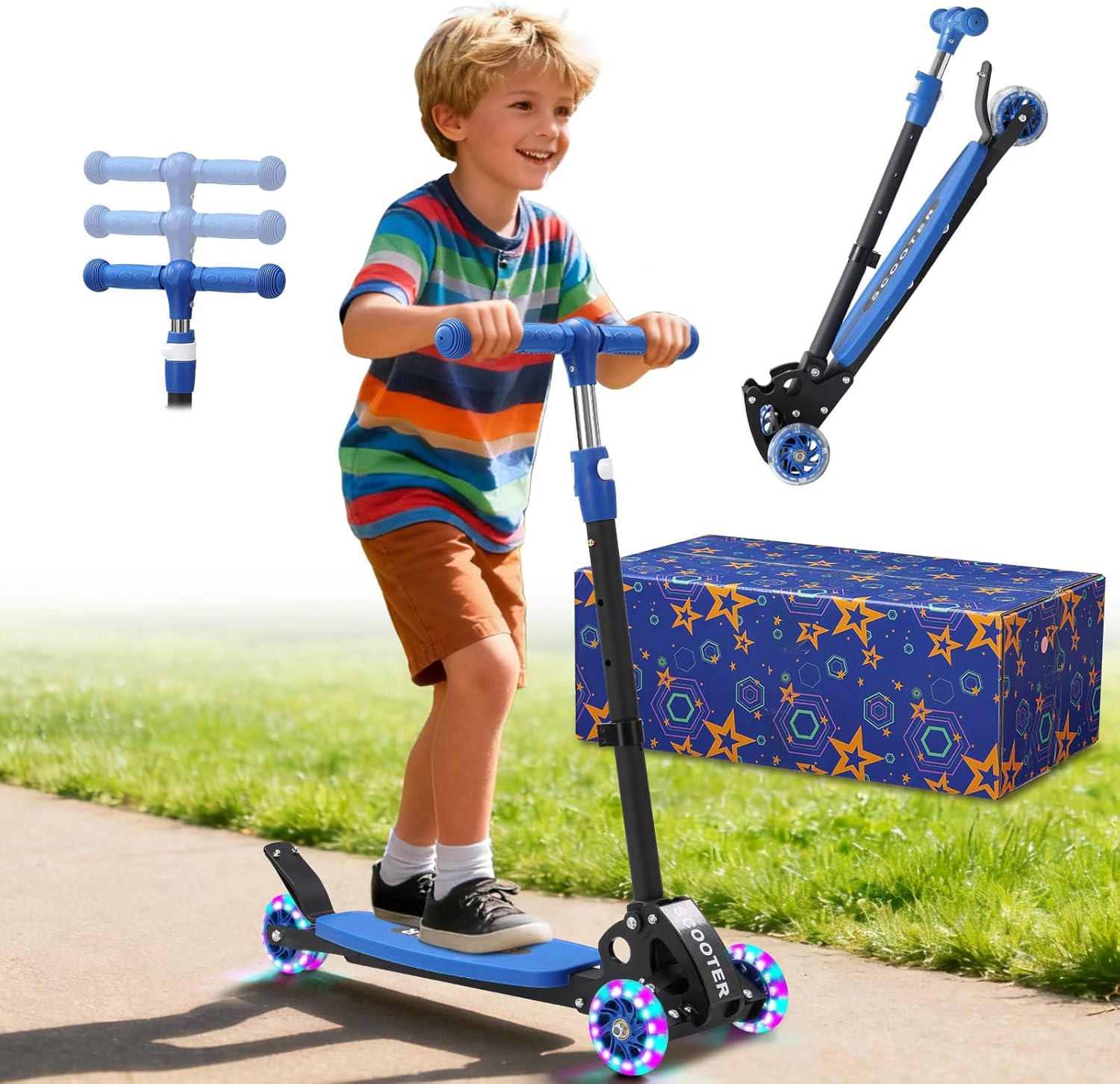 Kick Scooter for Kids Ages 6-12, Red, 3-Wheel Folding Scooter with Adjustable Height, Light-Up Wheels, Lean-to-Steer, Extra Wide Deck for Outdoor Activities