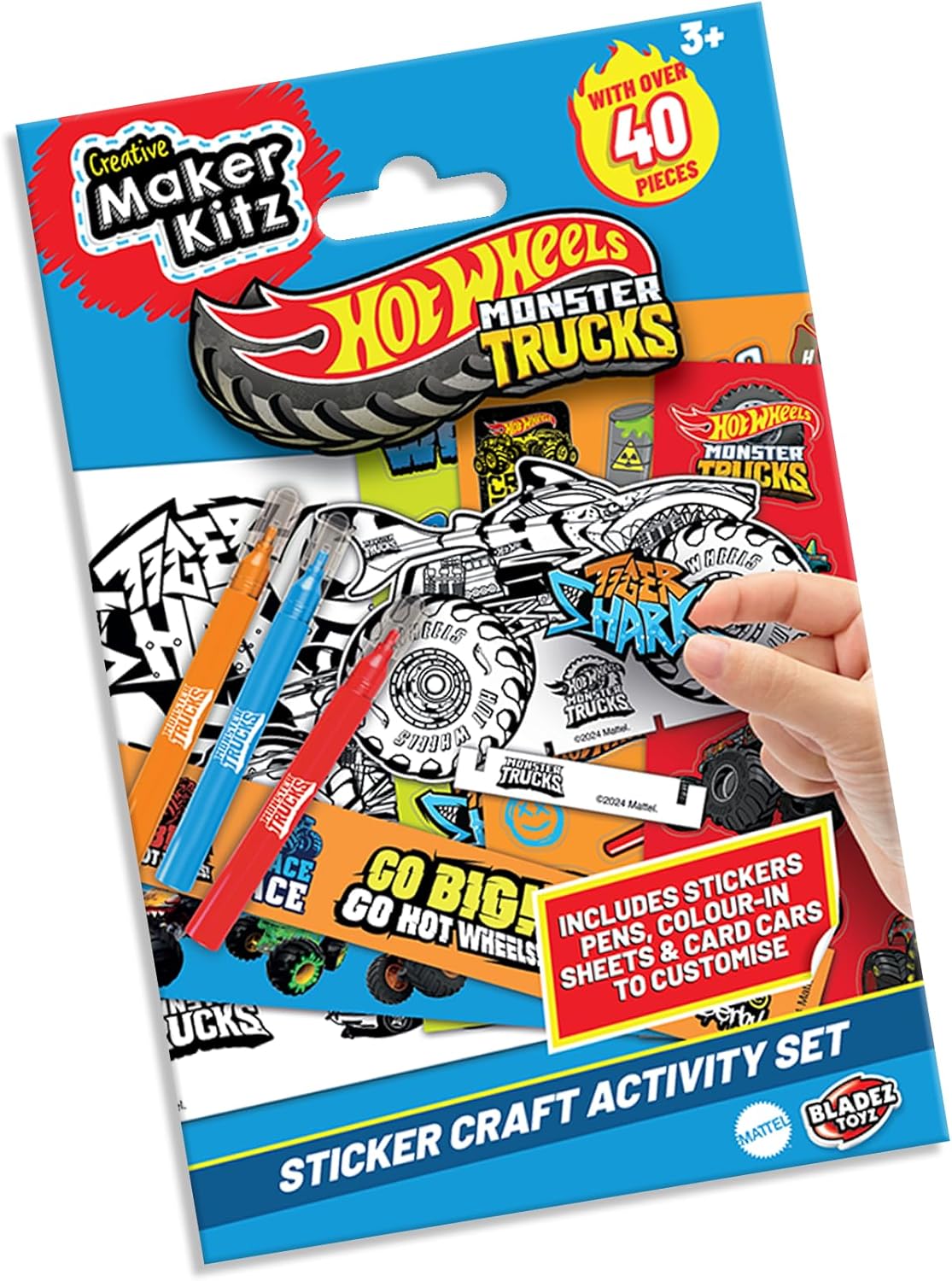 BLADEZ Hot Wheels Monster Trucks Sticker Activity Set - Creative Fun with Stickers & Colouring - Stickers for Children with Mini Card Monster Trucks & Pens - Perfect for Party Bags - 1 Pack