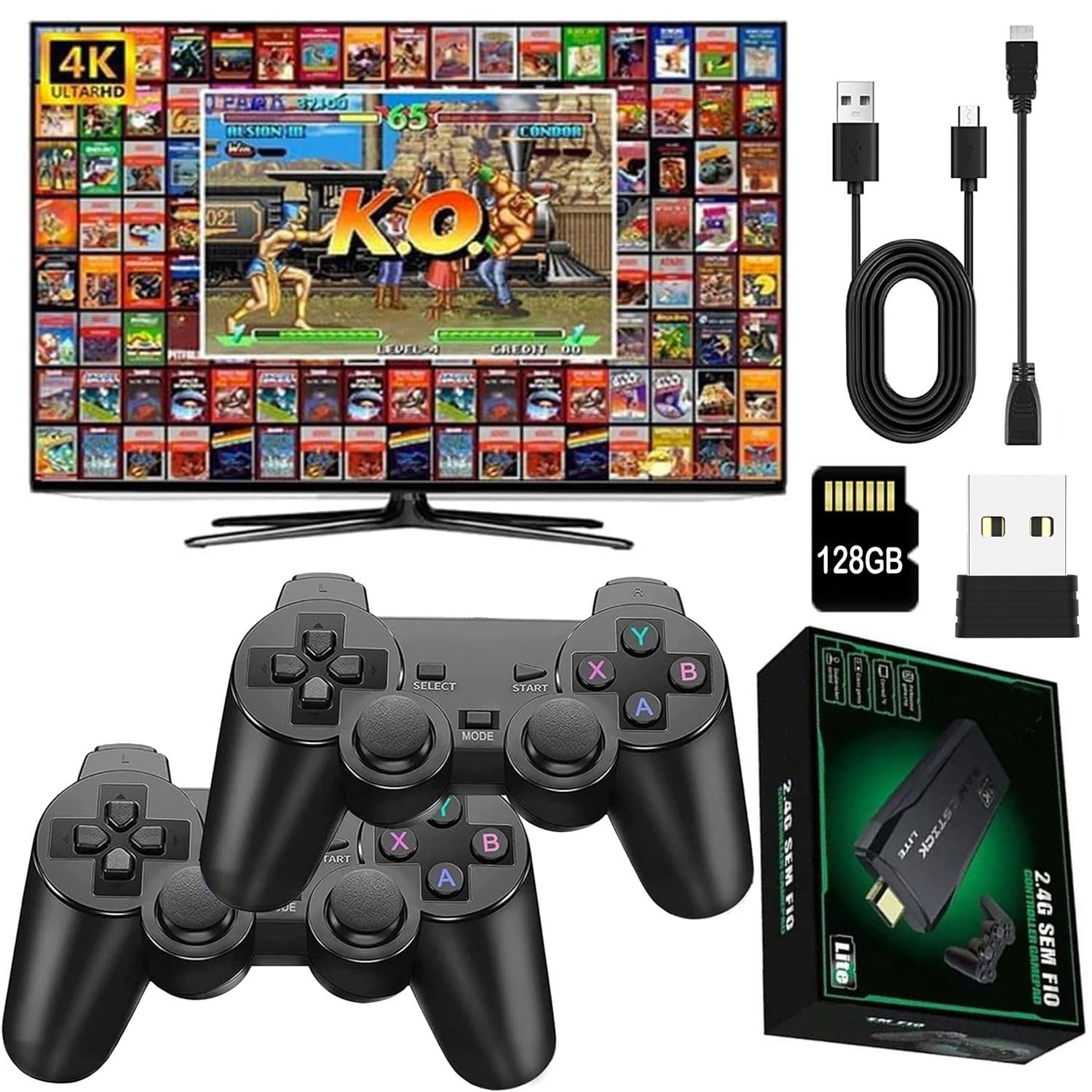 2025 Upgrade Retro Game Console Stick, 21000+ Classic Video Games, 128G Card, Plug & Play for TV, Dual 2.4G Wireless Controllers