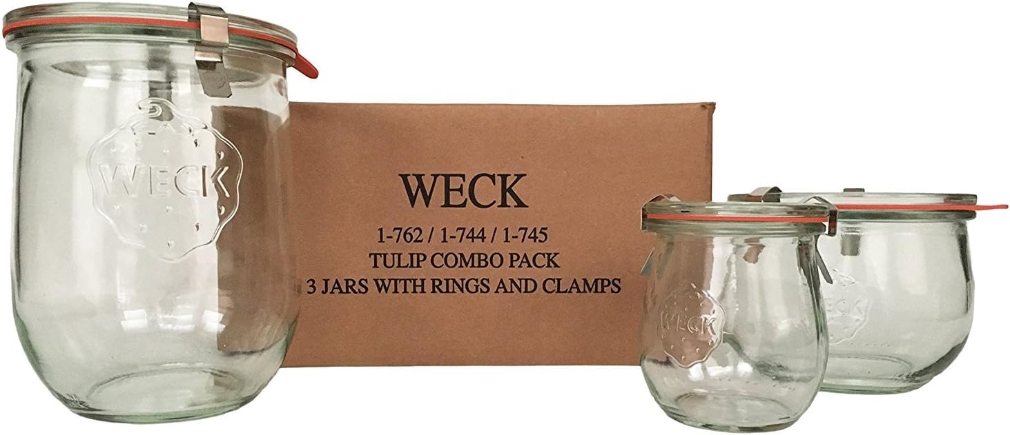 Weck Tulip Jar Combo Pack- (1) 762, (1) 744, (1) 745, (3) glass lids, (3) rubber rings and (6) clamps