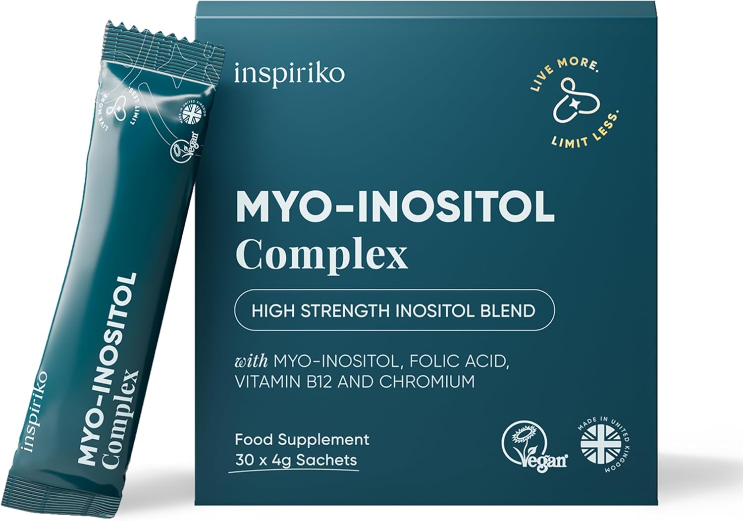 Inspiriko 5-in-1 Myo-Inositol Powder 4000mg with Folate, Chromium, Vitamin B6 & B12-30 Vegan, 1-a-Day Myo Inositol Powder Sachets, Made in UK