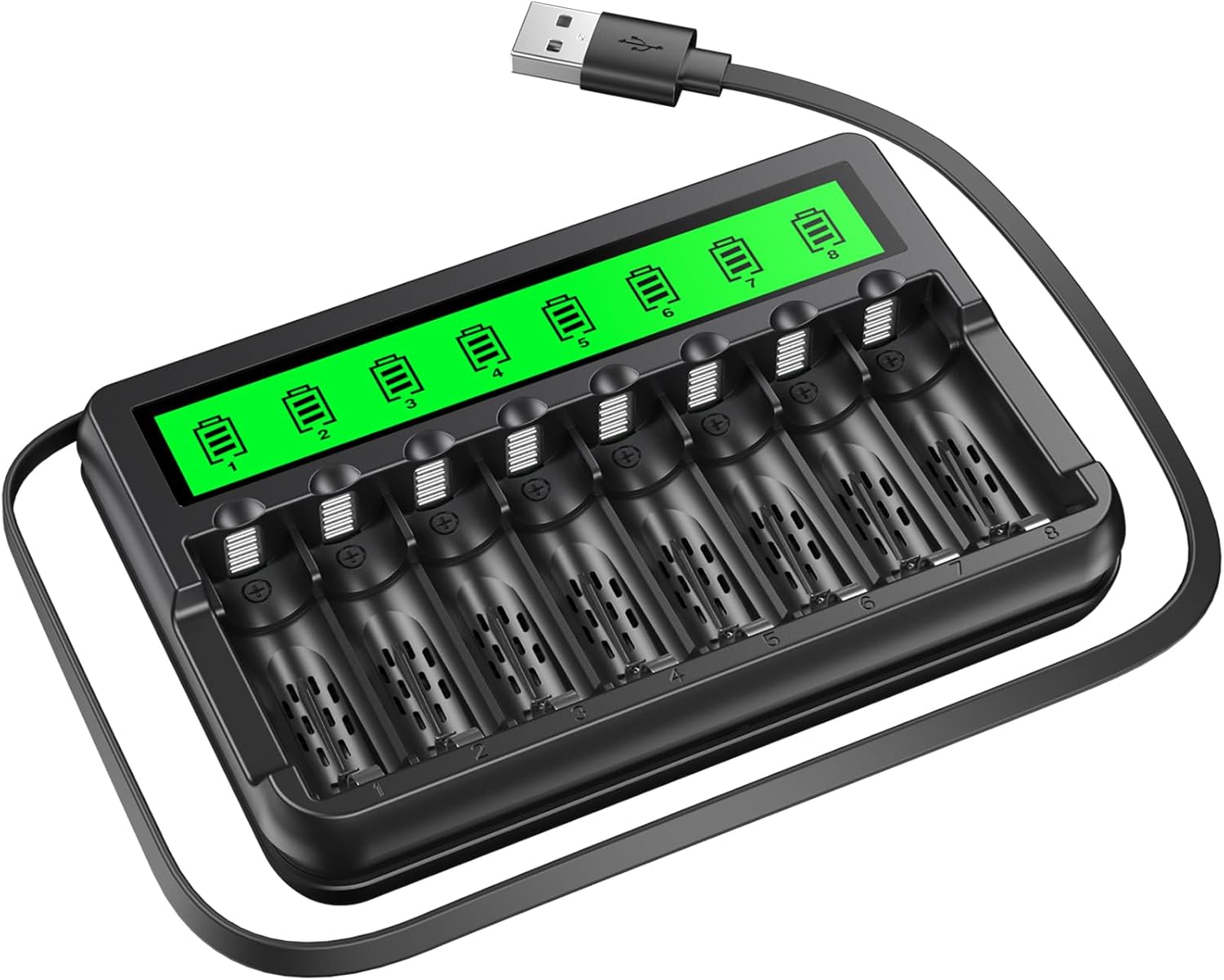 EBL AA AAA Battery Charger with Built-in Charging Cable, High-Speed Charging 8 Bay LCD Battery Charger Independent Slot for AA AAA Ni-MH Ni-CD Rechargeable Batteries