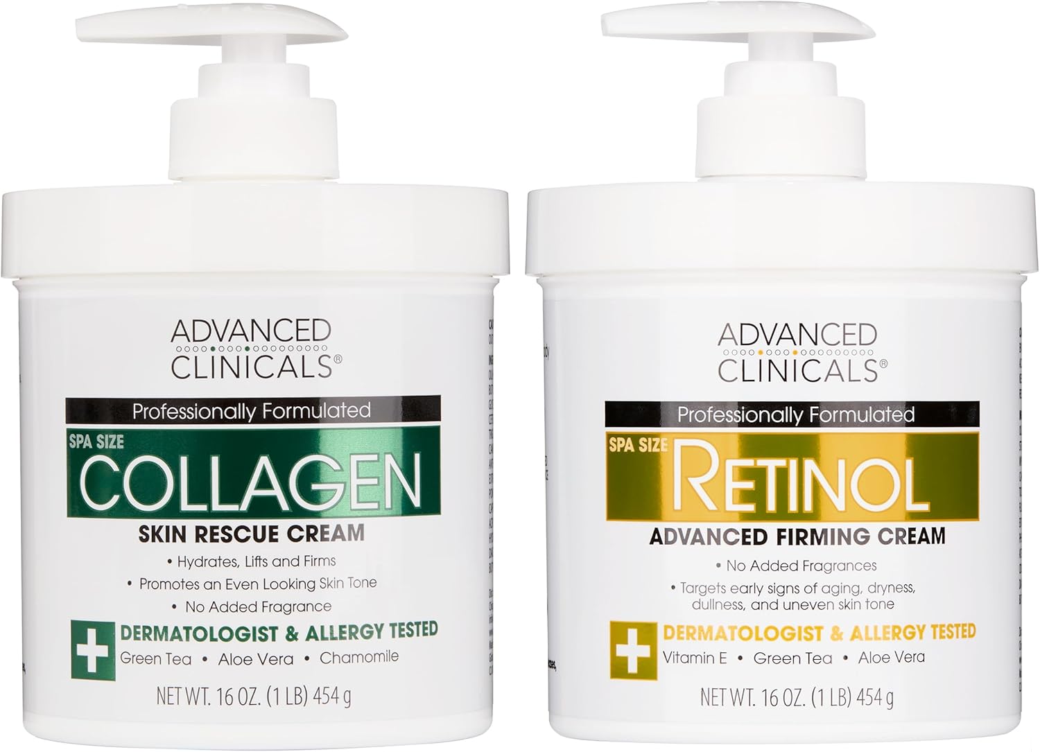 Advanced Clinicals Retinol Cream and Collagen Cream Skin Care set. Value anti-aging set for wrinkles, fine lines, firming skin. 16oz Spa size are great for face cream and body moisturizer.