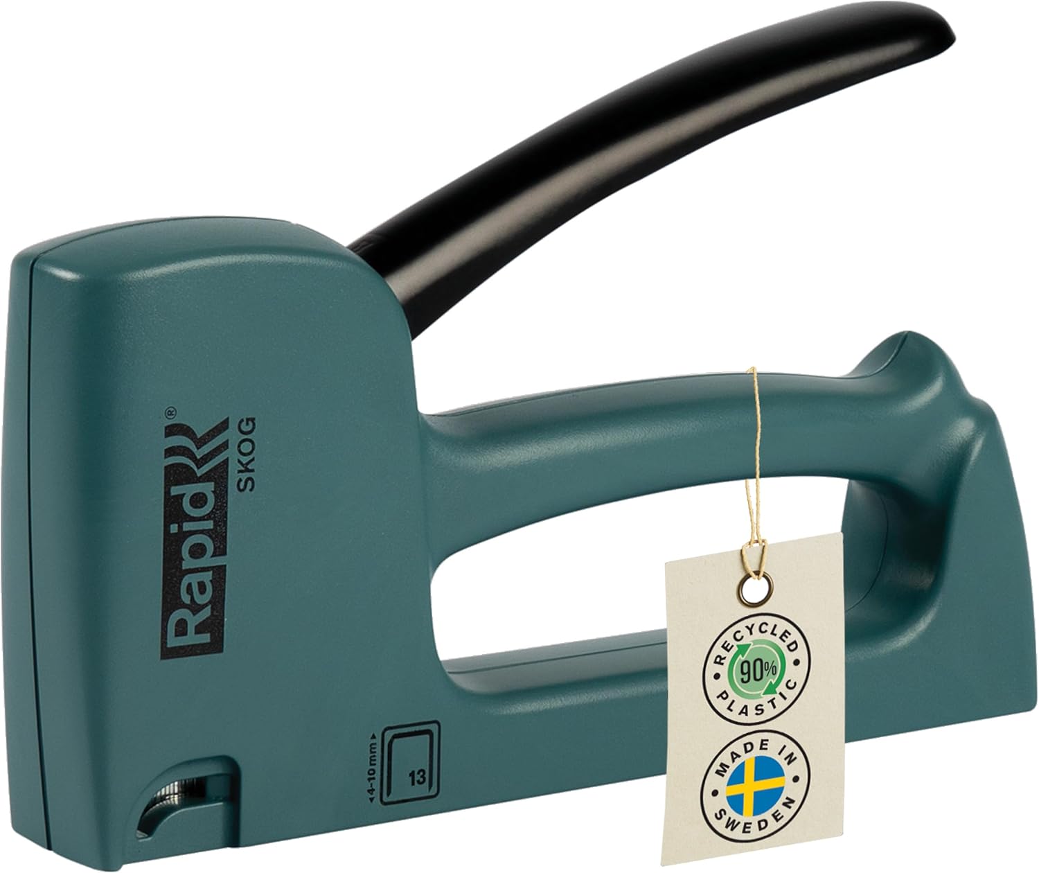 Rapid R13 Staple Gun Skog Green - Casing Crafted With 90% Recycled Plastics, Made in Sweden, Upholstery Staple Gun With All-steel Wear Parts Inside, For No.13 Staples 4-10mm