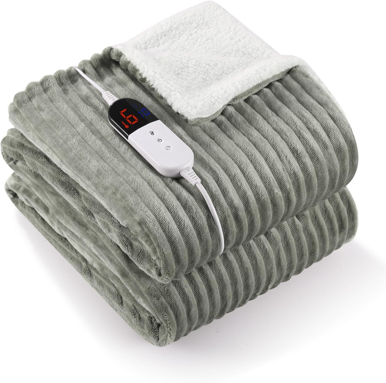 CURECURE Electric Heated Throw Blanket - 180 X 130cm Warm Ribbed Flannel with 6 Heat Settings & 1-10 Hours Timer, Fast Heating, Overheating Protection, Machine Washable (Gray Green)