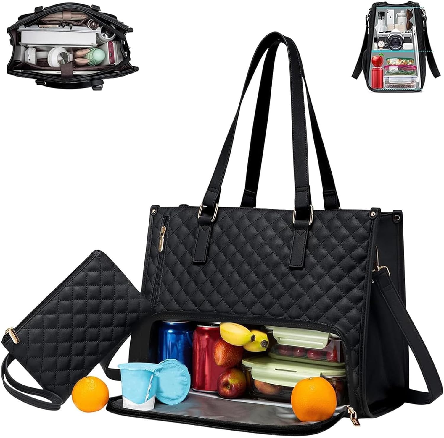 2 in 1 Tote Bag Lunch Bag Combo, 15.6 Inch Laptop Work Bag with Insulated Leakproof Compartment, Large Capacity Handbag for Women Office Business Travel (Black)