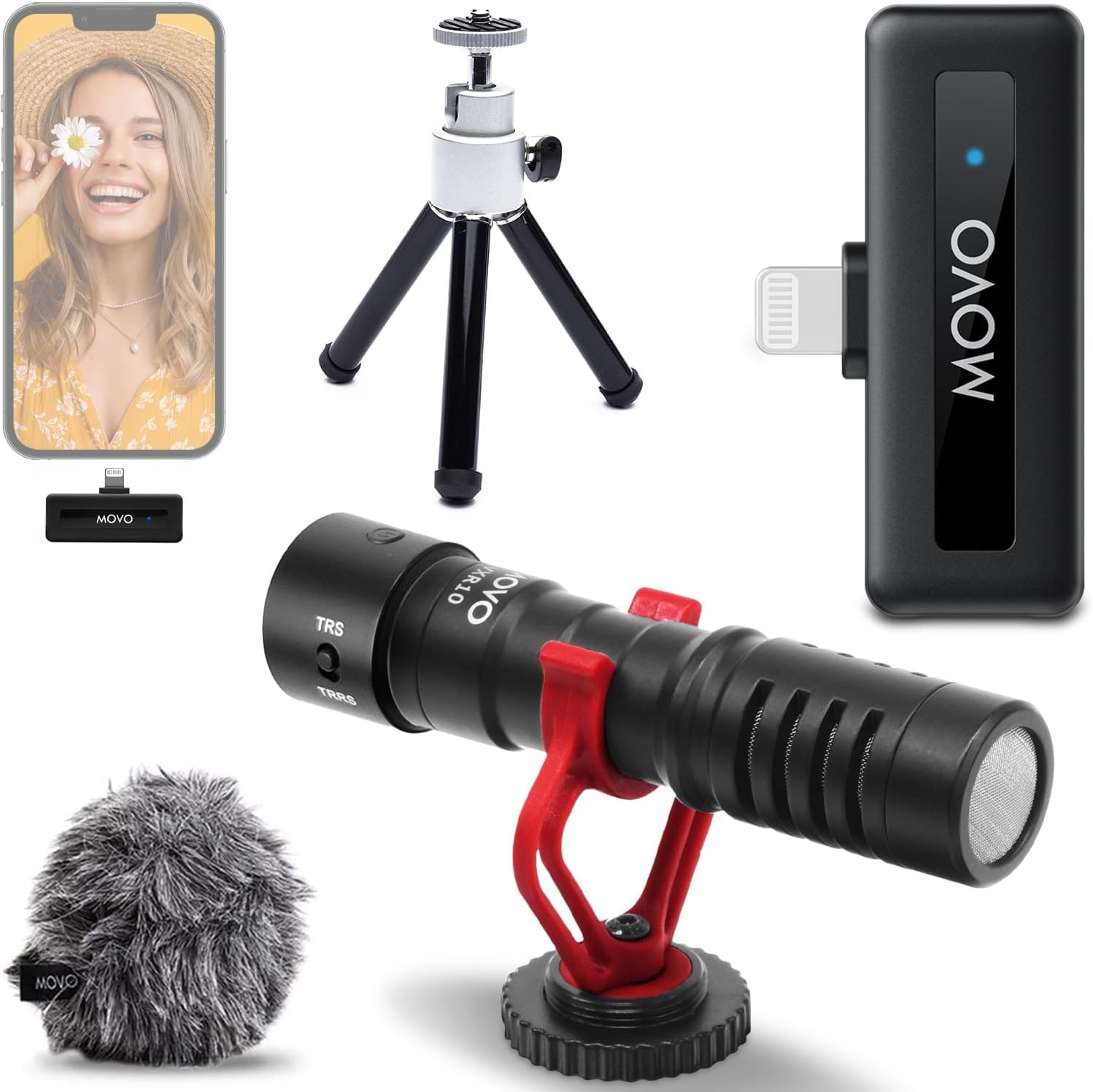 Movo VXR10 Shotgun Mic with WM-VXR10 Wireless Microphone Adapter and Tripod - for Lightning Compatible iPhones, iPads