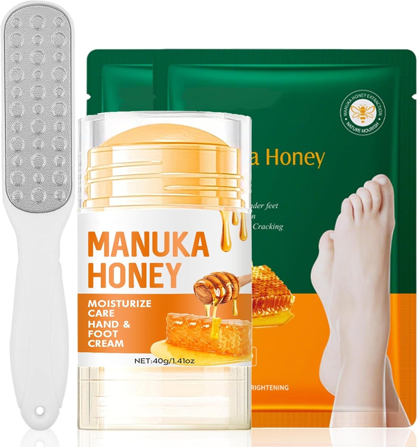 Honey Foot Cream- Intensive Foot & Hand Cream for Dry Skin - Cracked Heel Repair Cream With Foot File, 2PCS Feet Mask- Hard Skin Remover for Women Men - Skin Care Hands & Feet
