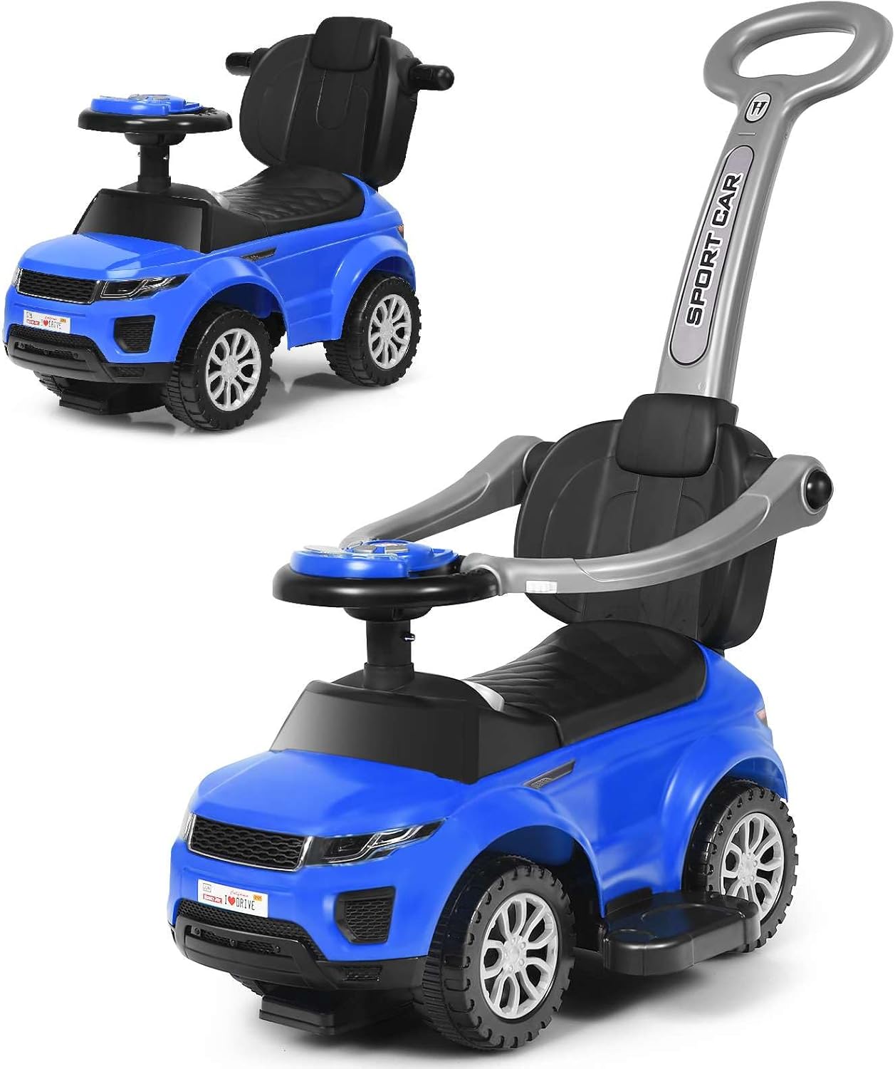 GYMAX 3 in 1 Kids Ride on Push Car, Push Along Car with Handle, Guardrails, Lights, Horn & Music, Underneath Storage, Toddler Sliding Car for 1-3 Years Old Boys Girls (Blue)