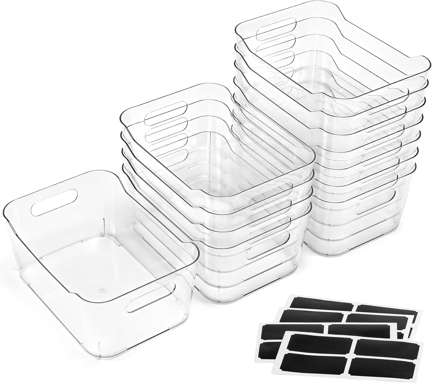 12 PACK Multi-Use Clear Plastic Storage Bins for Organizing w/ Labels - Home, Kitchen, Bathroom, Office, Pantry Cabinet Shelf Organizer Bins - SOHO Collection, RV, Fridge Organization Containers