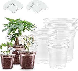 Clear Nursery Pots 5/4/3.5 Inch Plastic Planter with Drainage Holes, Small Starter Seed Starting Trays for Seedling with Bonus 15pcs Plant Labels（12pcs）