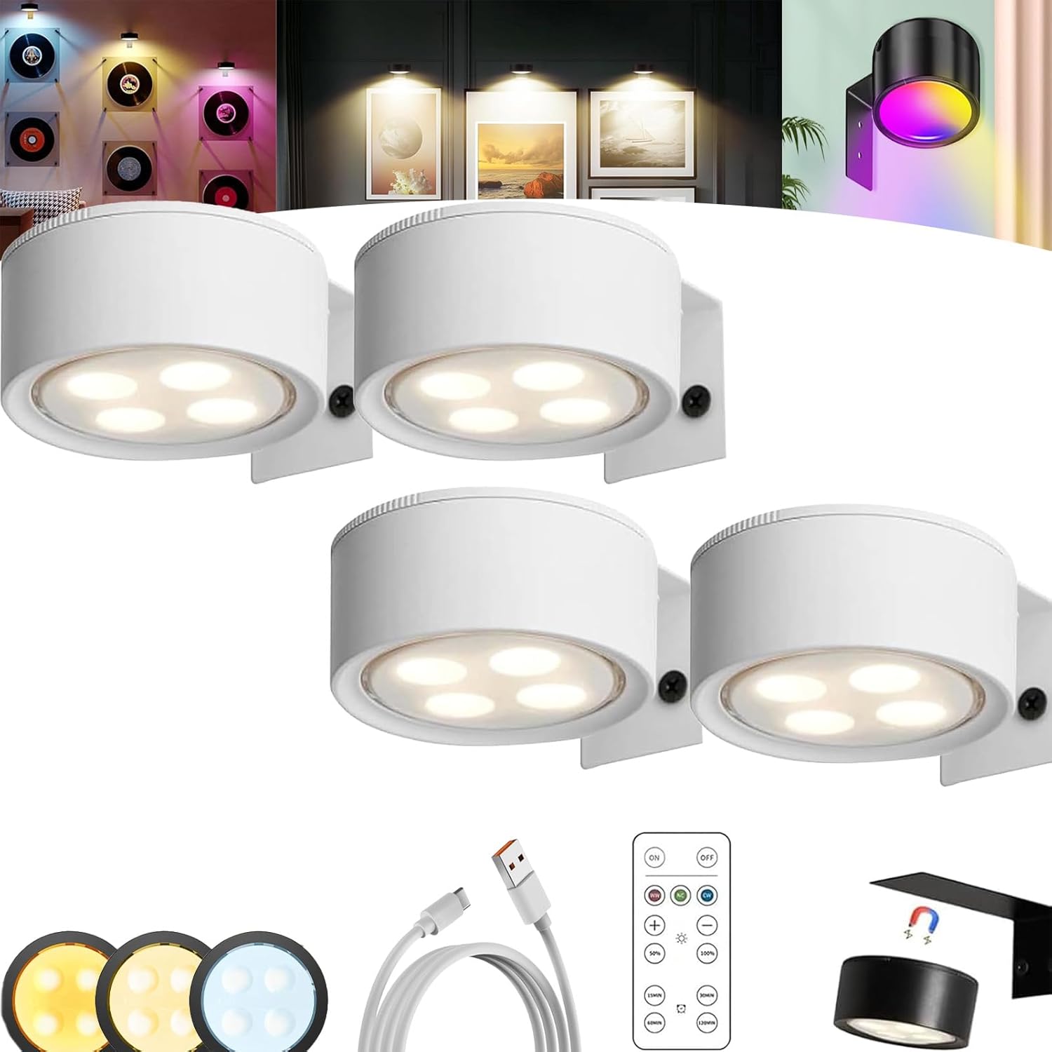 GLSAYZU Topveden Picture Lights for Wall, 13 Lighting Modes Magnetic Painting Light, Wireless Topveden Poster Lights, for Home Decor, Adjustable Brightness & Timer (White, 4pc)