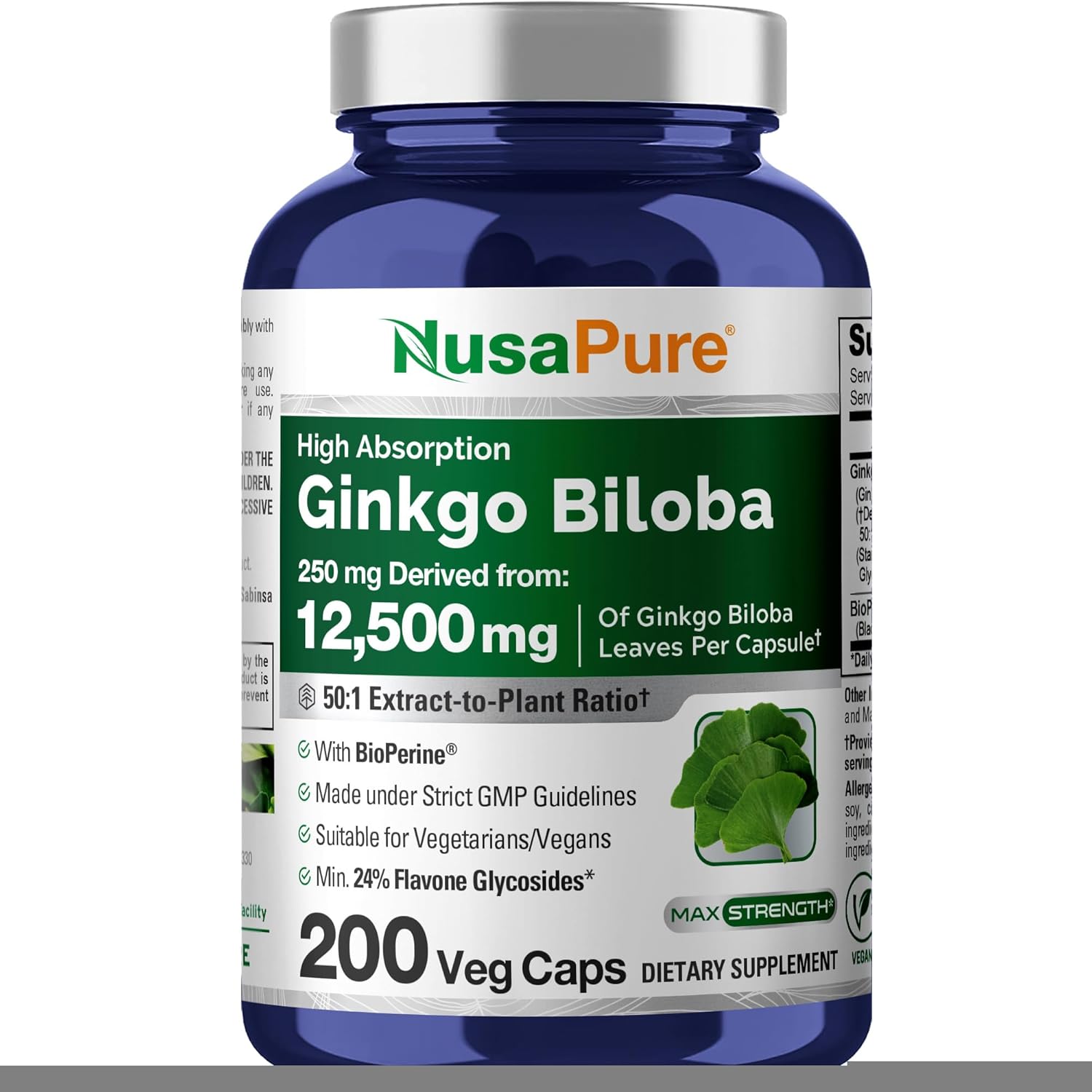 NusaPure Ginkgo Biloba 50:1 Extract, 250 mg Equivalent to 12,500 mg per Veggie Caps 200 Capsules (Vegetarian, Non-GMO, Vegan) Bioperine