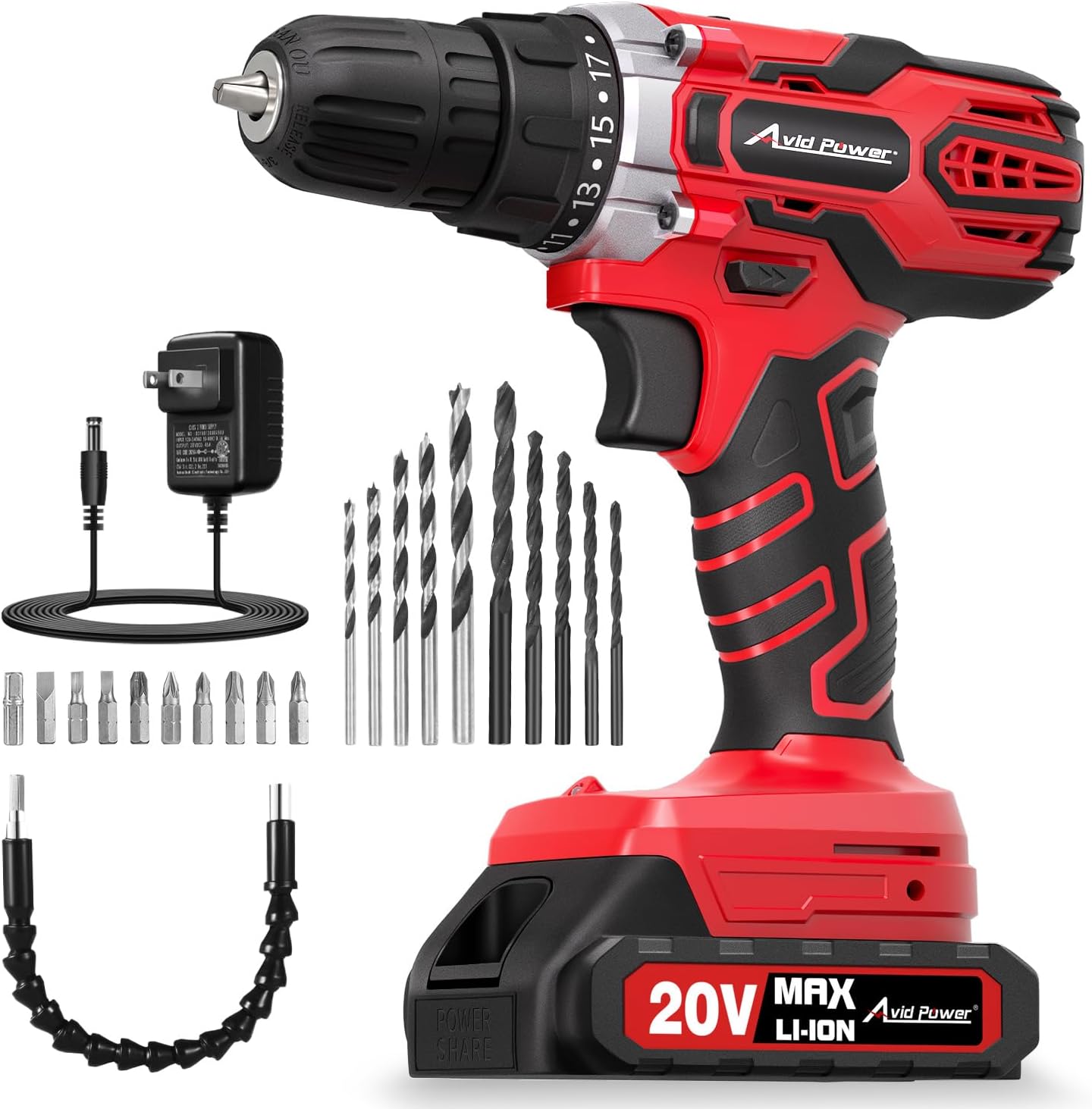 AVID POWER 20V MAX Power Drill Kit, Cordless Drill Set with Battery and Charger, 2 Variable Speed, 3/8-Inch Keyless Chuck, 19 Position and 22pcs Bits