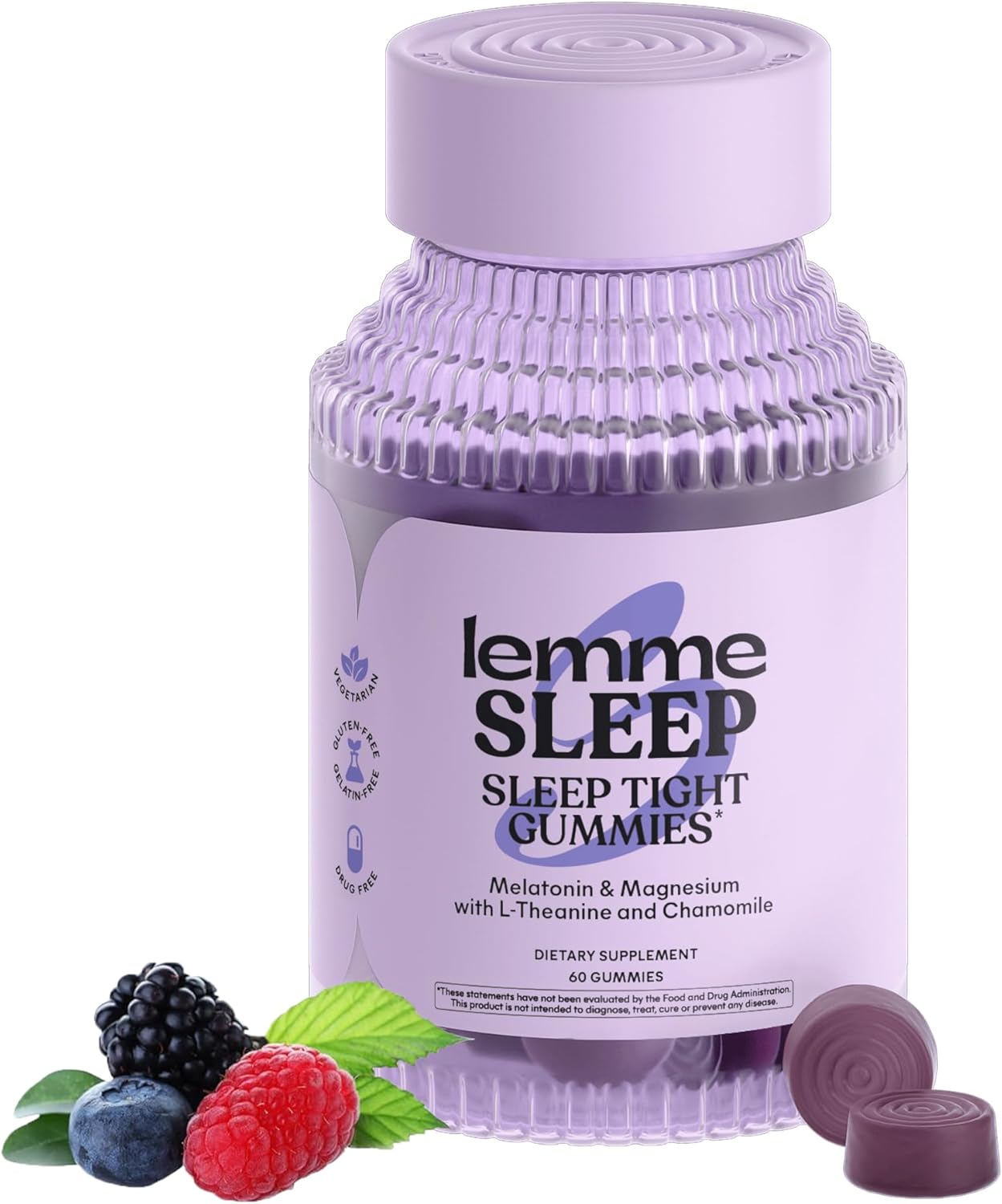 Lemme Sleep Gummies with 5mg Melatonin, Elderberry, Magnesium, L-Theanine, Chamomile and Lavender, Drug-Free Nighttime Sleep Aid, Gluten Free, Gelatin Free, Non GMO, Berry Flavored (60 Count)